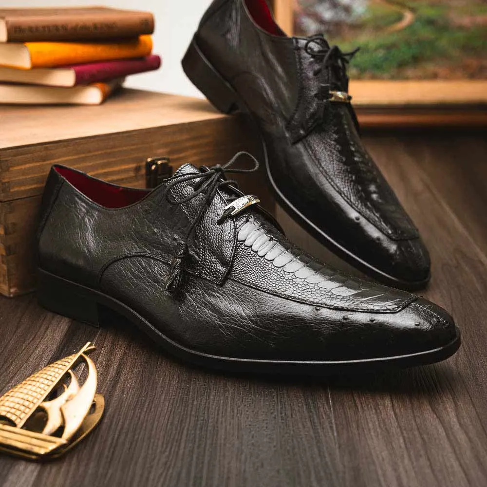 Andretti Black Mens Genuine Ostrich Leg Dress Derby | Marco Di Milano Gold Shoes With Navy Dress