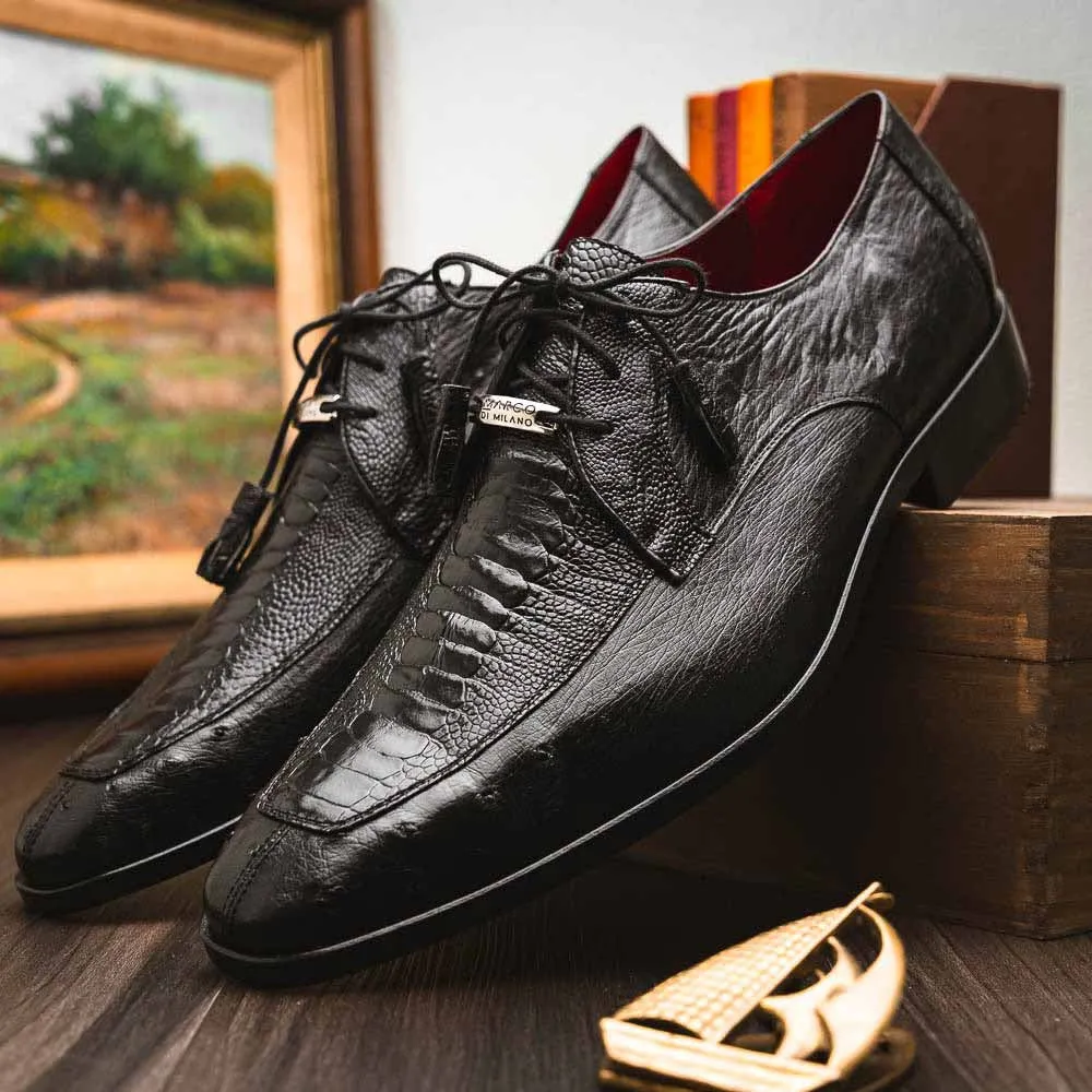 Wide Dress Shoe Andretti Black Mens Genuine Ostrich Leg Dress Derby | Marco Di Milano