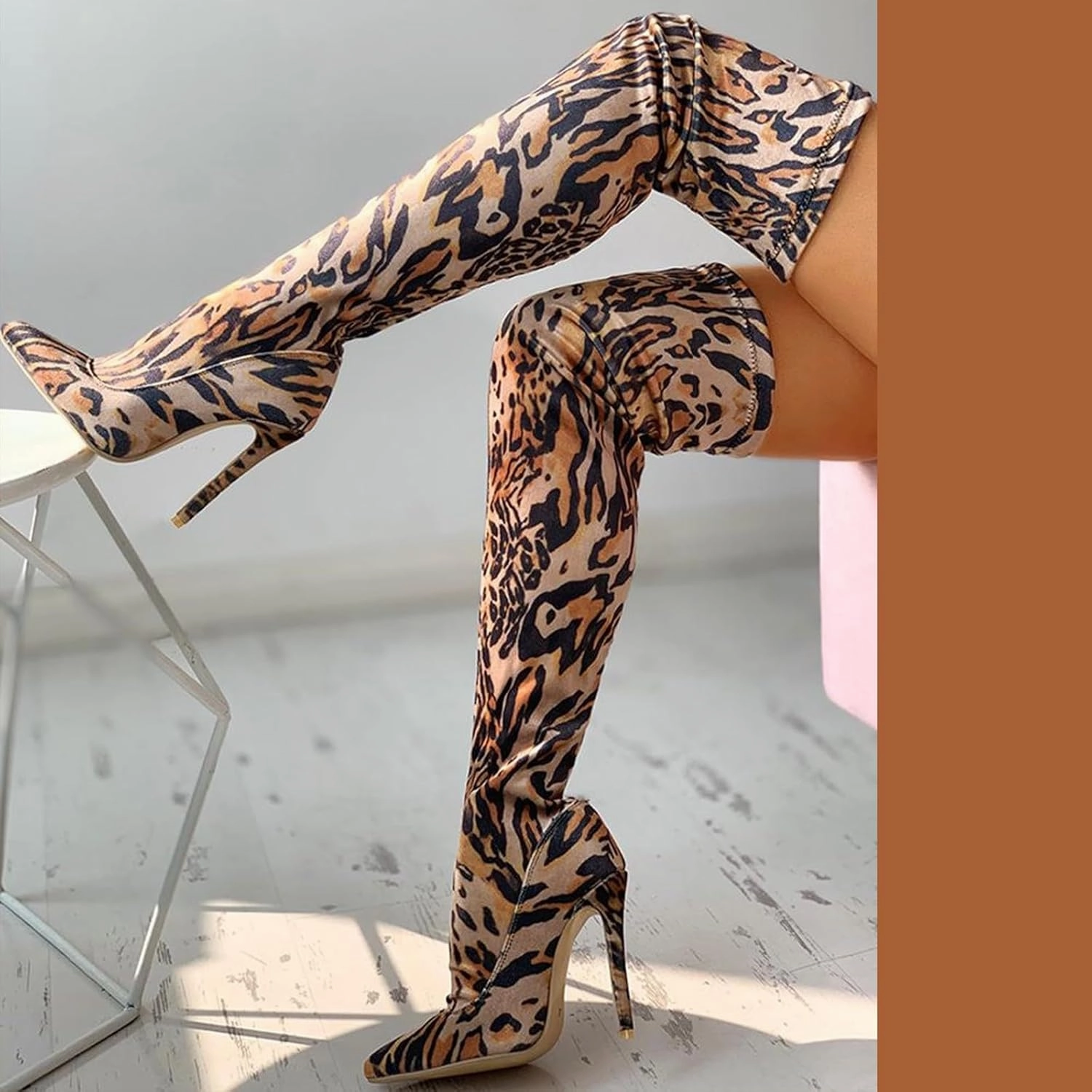 Cream Boots Knee High Crzidha Pull On Thigh High Boots for Women Stiletto High Heel Over The Knee High Boots Stylish Leopard Print Skin Friendly Suede Pointed Toe Club Long Tall High Heels Boots for Ladies