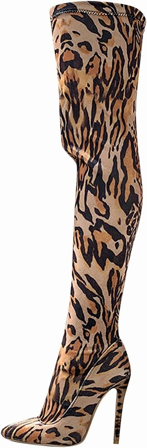 Crzidha Pull On Thigh High Boots for Women Stiletto High Heel Over The Knee High Boots Stylish Leopard Print Skin Friendly Suede Pointed Toe Club Long Tall High Heels Boots for Ladies Knee High Chunky Sole Boots