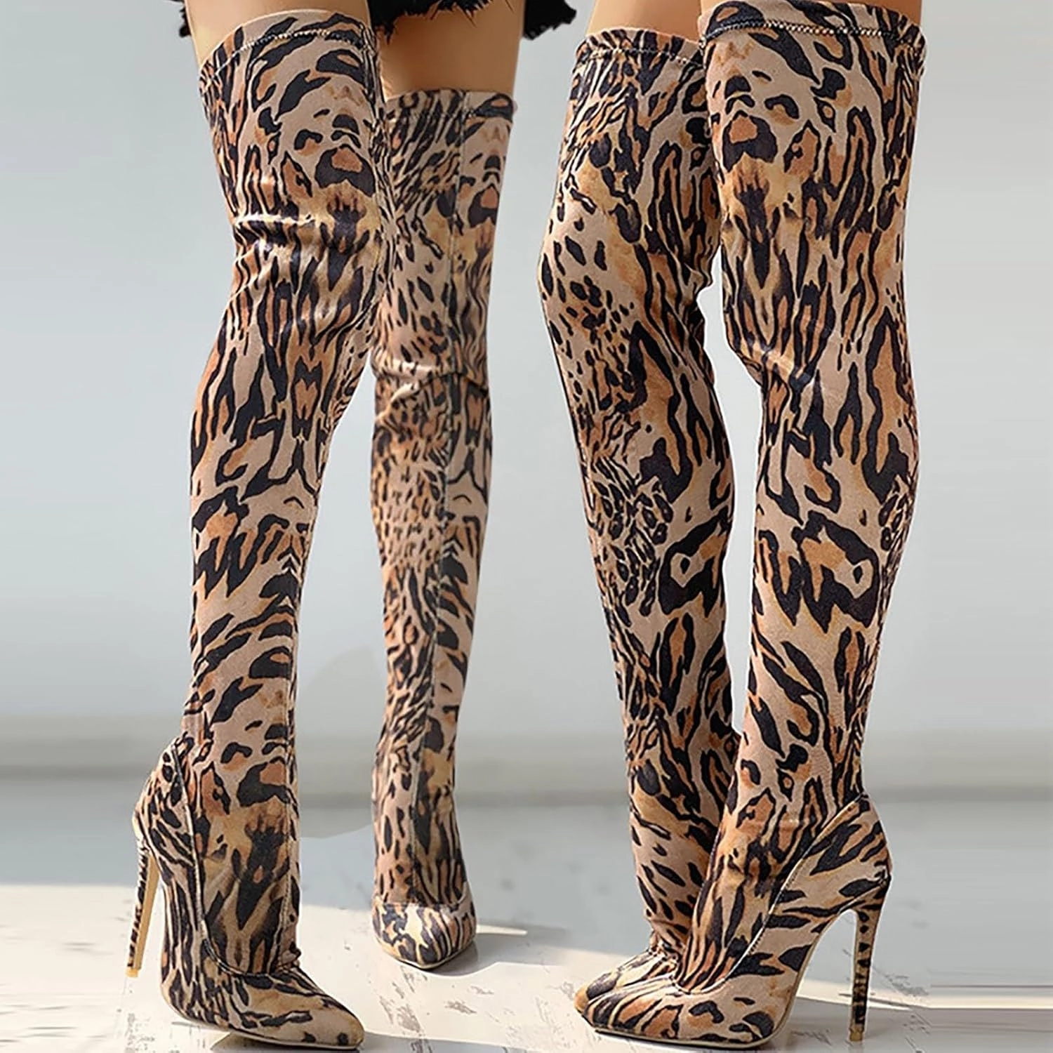 Feather Knee High Boots Crzidha Pull On Thigh High Boots for Women Stiletto High Heel Over The Knee High Boots Stylish Leopard Print Skin Friendly Suede Pointed Toe Club Long Tall High Heels Boots for Ladies
