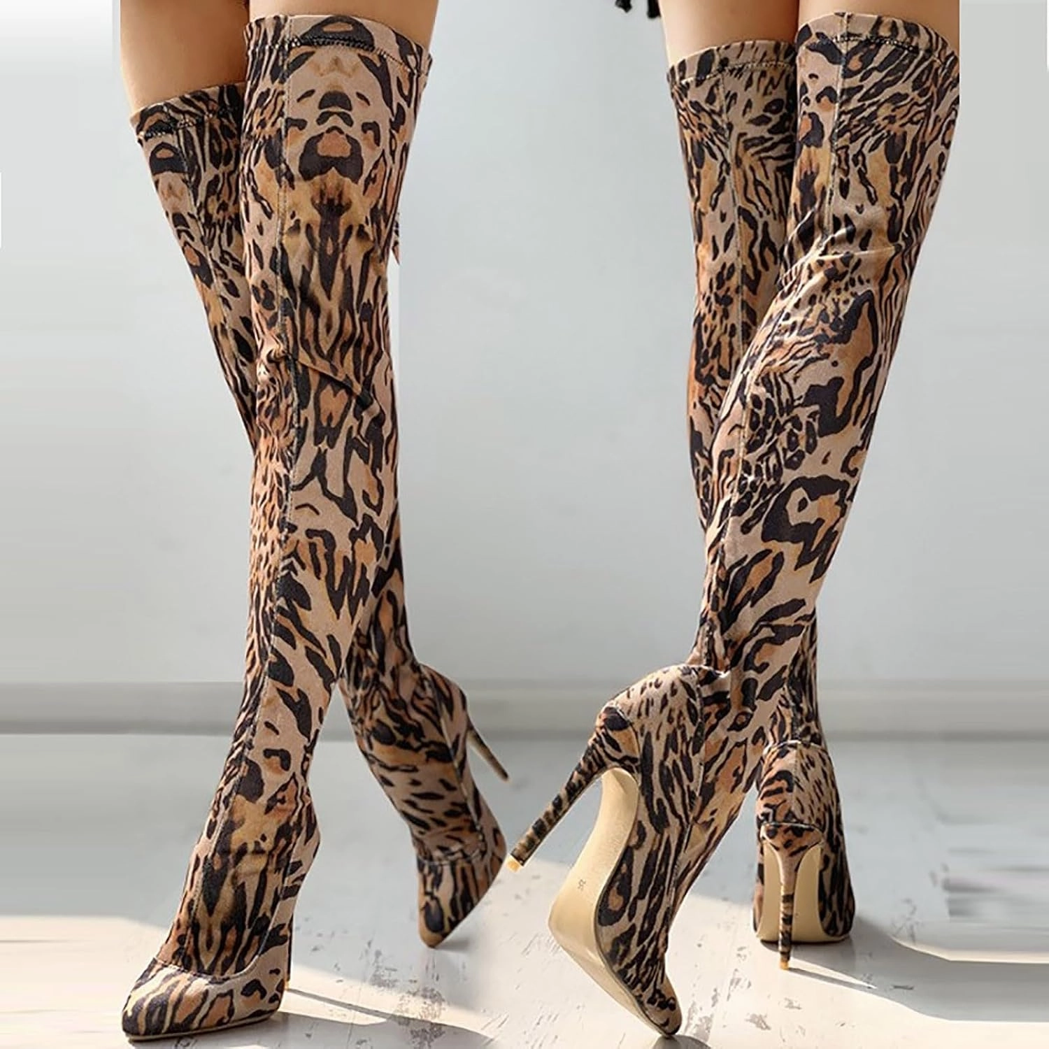 Crzidha Pull On Thigh High Boots for Women Stiletto High Heel Over The Knee High Boots Stylish Leopard Print Skin Friendly Suede Pointed Toe Club Long Tall High Heels Boots for Ladies Knee-high Lug Boot