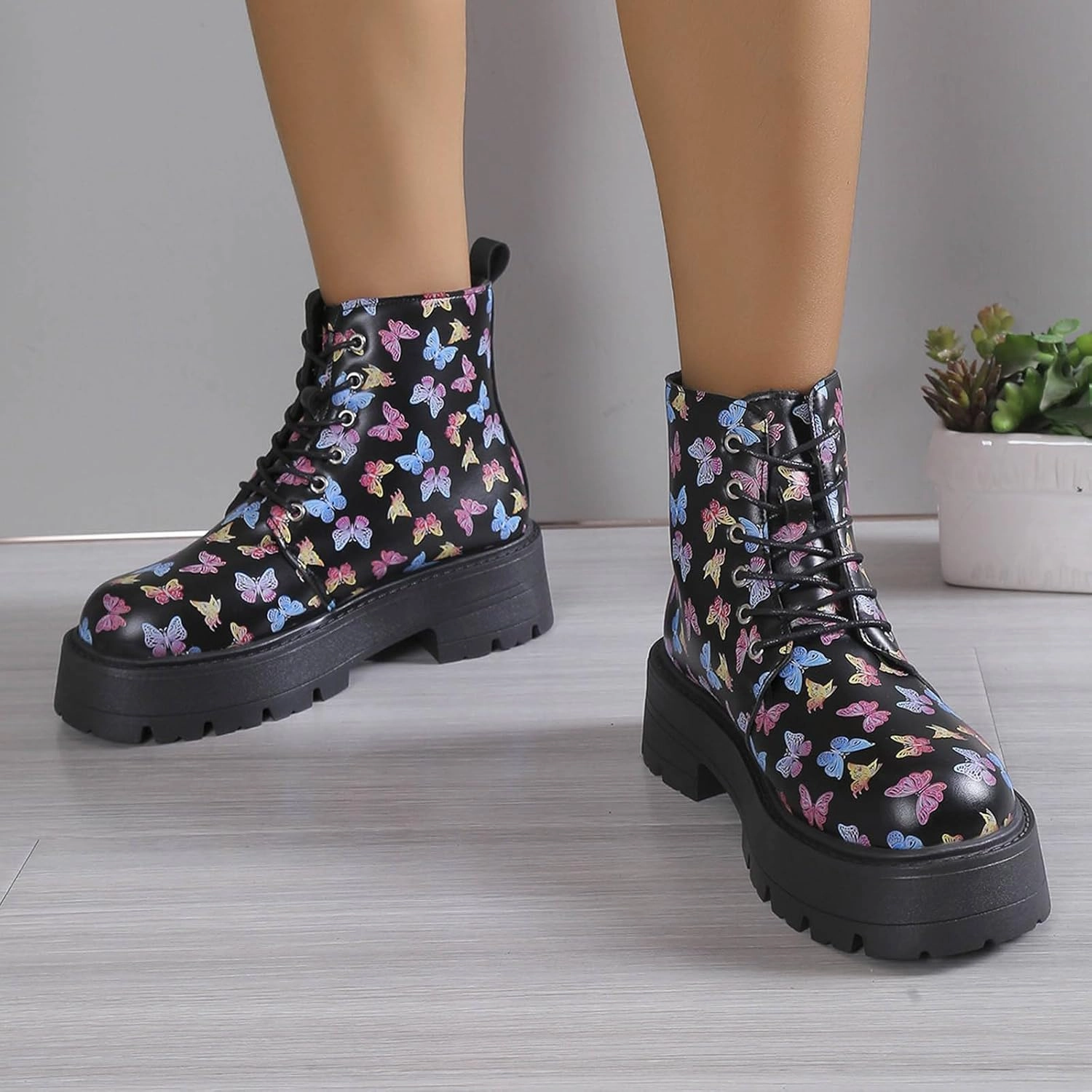 Black Boots For Women Women's Y2K Butterfly Lace-Up Combat Boots Thick Platform Gothic Halloween Bootie For Ladies Combat Boots Free Shipping