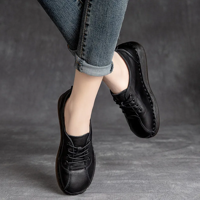 Cap Toe Work Boots Women Retro Leather Soft Wedge Casual Work Shoes
