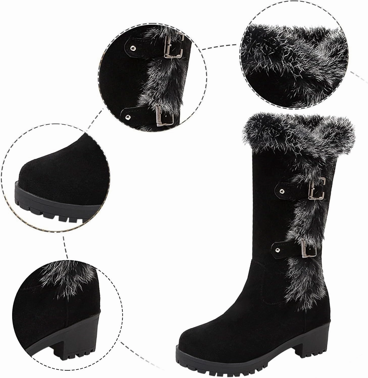 Cowgirl Boots Women's Keep Warm Hairy Suede Mid Calf Snow Boots Lace Low Block Heel Snow Winter Long Bootie Olivia Combat Boots