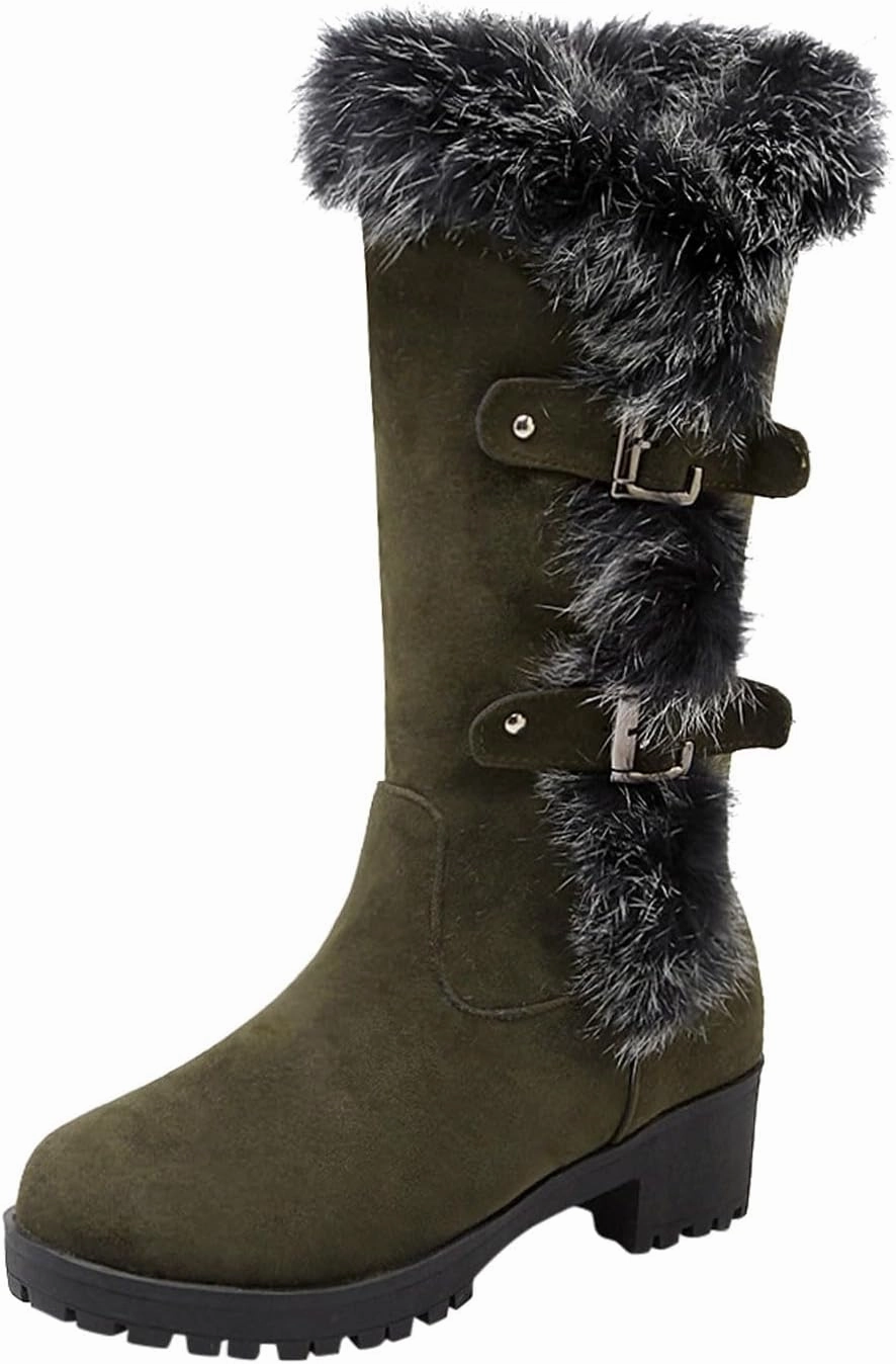 Boots Combat High Cowgirl Boots Women's Keep Warm Hairy Suede Mid Calf Snow Boots Lace Low Block Heel Snow Winter Long Bootie