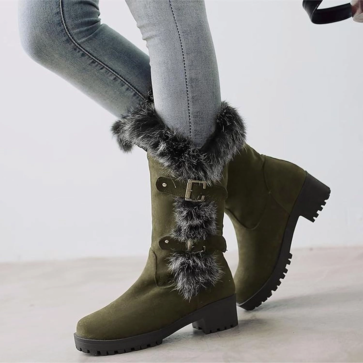 Bump Toe Combat Boots Cowgirl Boots Women's Keep Warm Hairy Suede Mid Calf Snow Boots Lace Low Block Heel Snow Winter Long Bootie