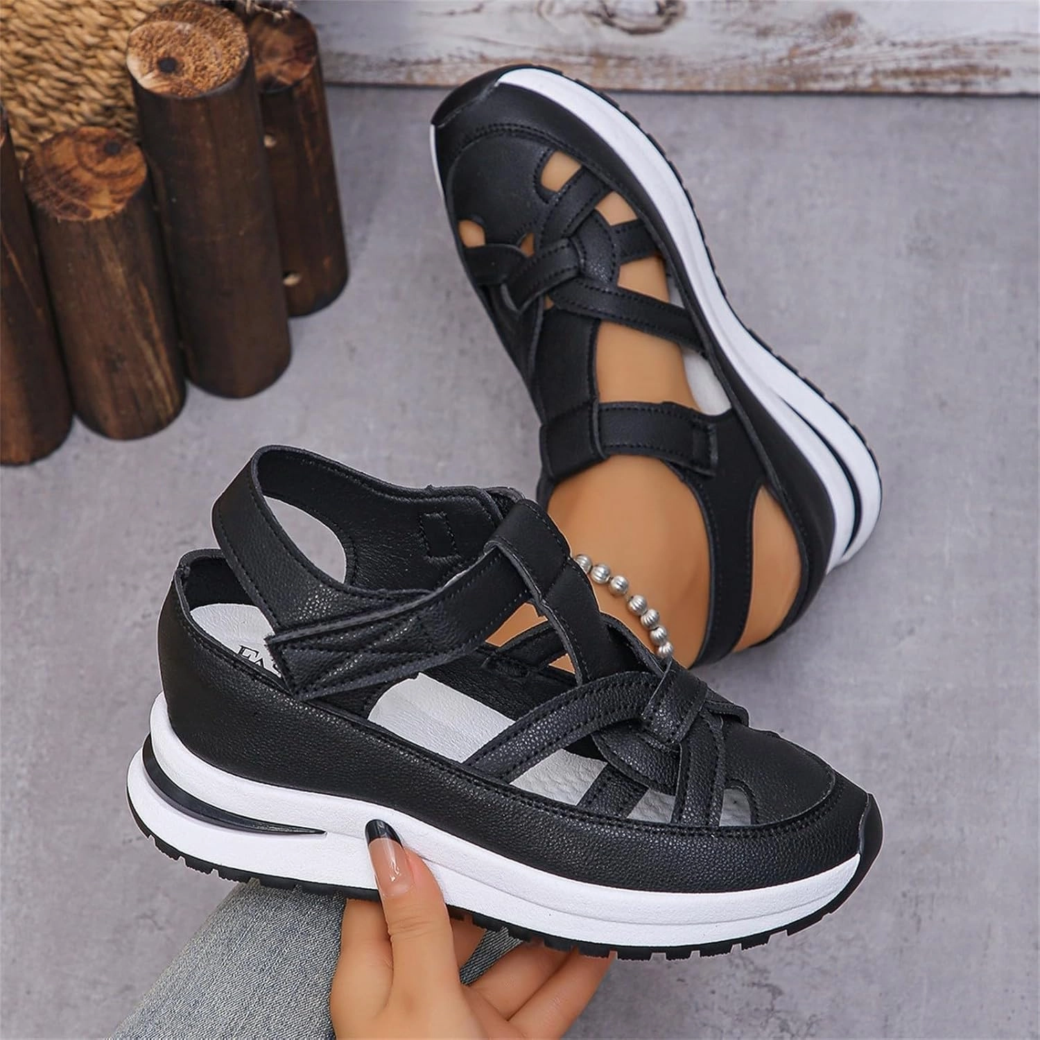 Sr Latch Flip Flop Women's Hollow Out Breathable Platform Wedge Sandals Leather Closed Toe Comfortable Orthopedic Sandals With Arch Support Casual Sneakers