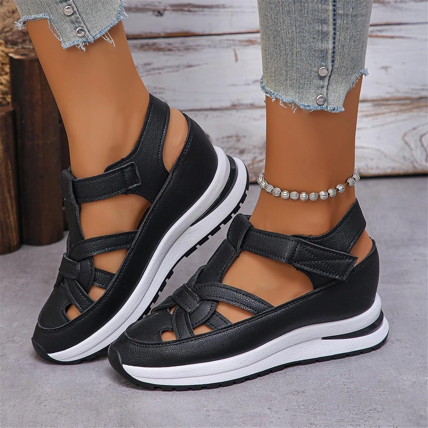 Women's Hollow Out Breathable Platform Wedge Sandals Leather Closed Toe Comfortable Orthopedic Sandals With Arch Support Casual Sneakers Flip Flops Footjob