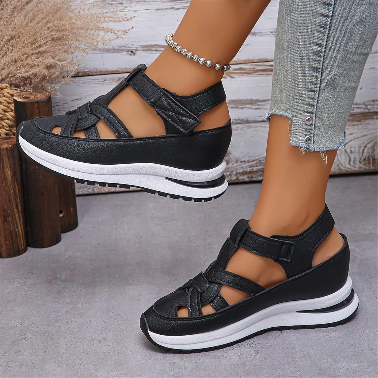 Women's Hollow Out Breathable Platform Wedge Sandals Leather Closed Toe Comfortable Orthopedic Sandals With Arch Support Casual Sneakers Street Flip Flops