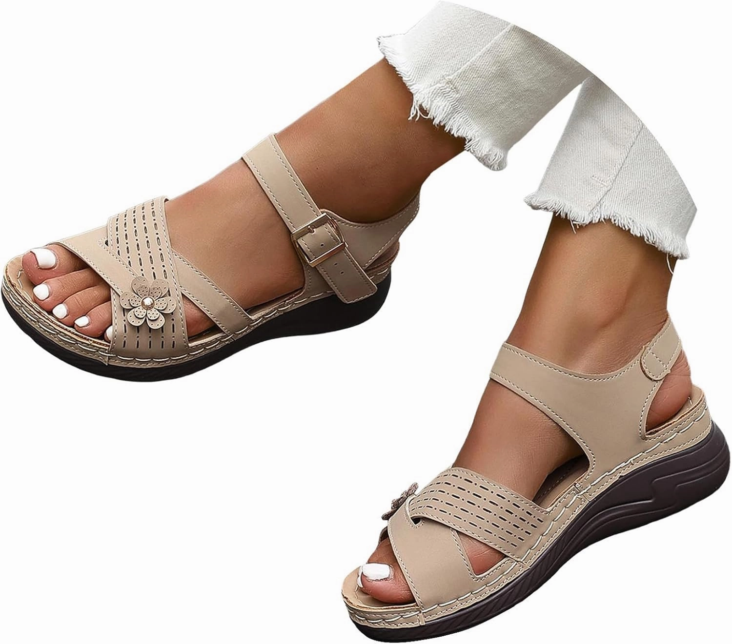 Summer Sandals for Women 2025 Dressy Comfortable Walking with Arch Support Wedge Soft Beach Flat Dressy Flats Open Toe Ankle Strap Shoes Orthotic Orthopedic Shoes Sandal Wedges - Casual Platform Logo Flip Flops