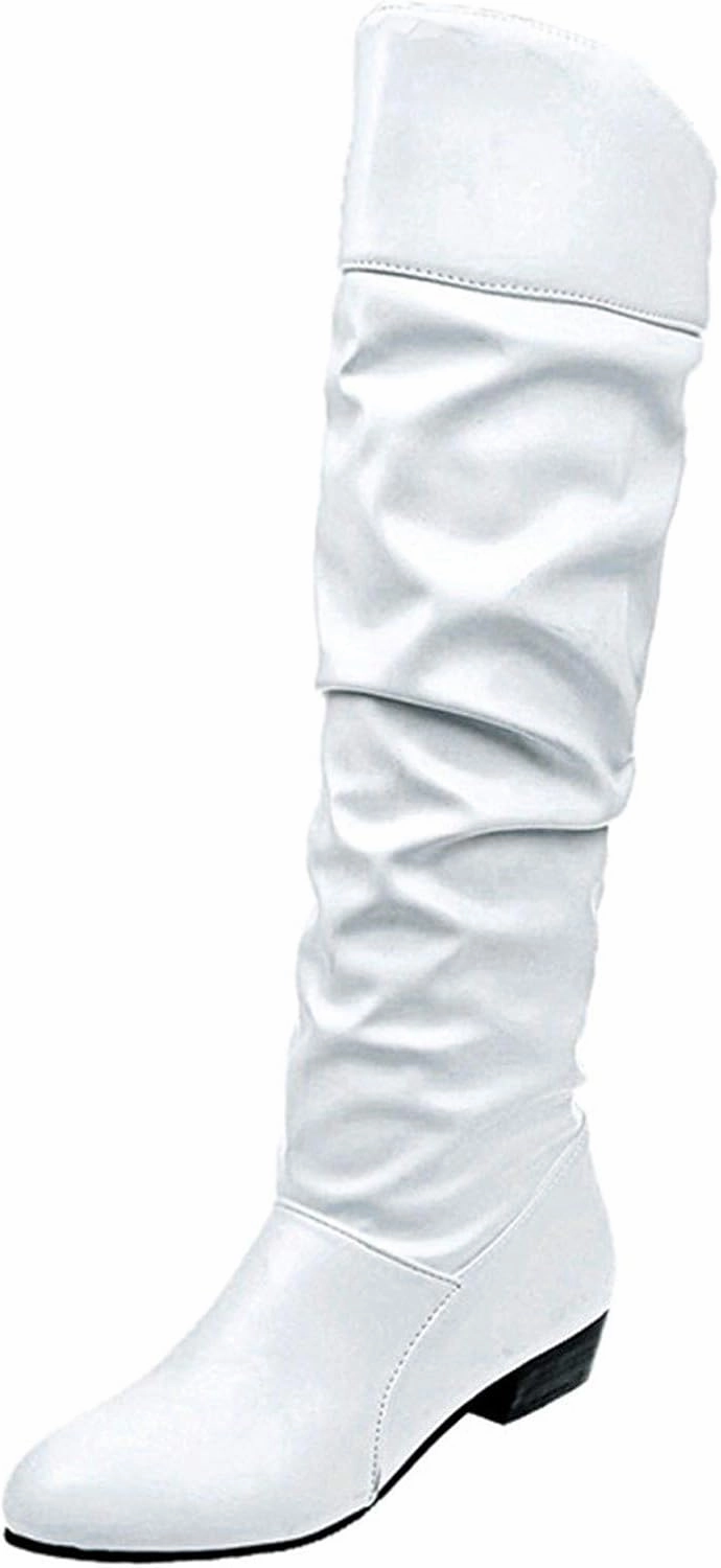 Cowboy Boots For Women Pleated Knee High Boots Low Block Heel Thigh High Boots Over Knee Tall Long Bootie Leather Lace Combat Boots