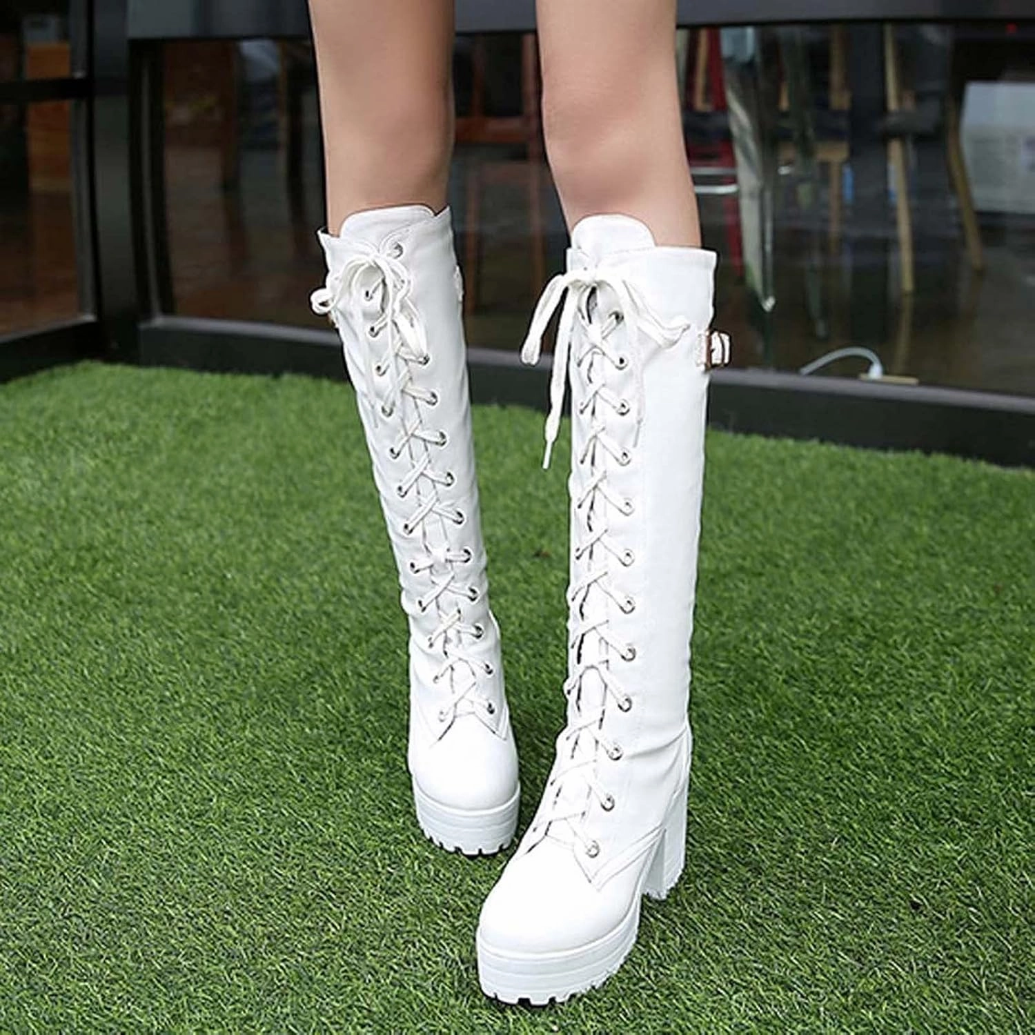 Combat Boots Womens Halloween Lace-Up Thigh High Boots Lug Sole Platform Knee High Boots Tall Long Bootie Vegetarian Shoes Combat Boots