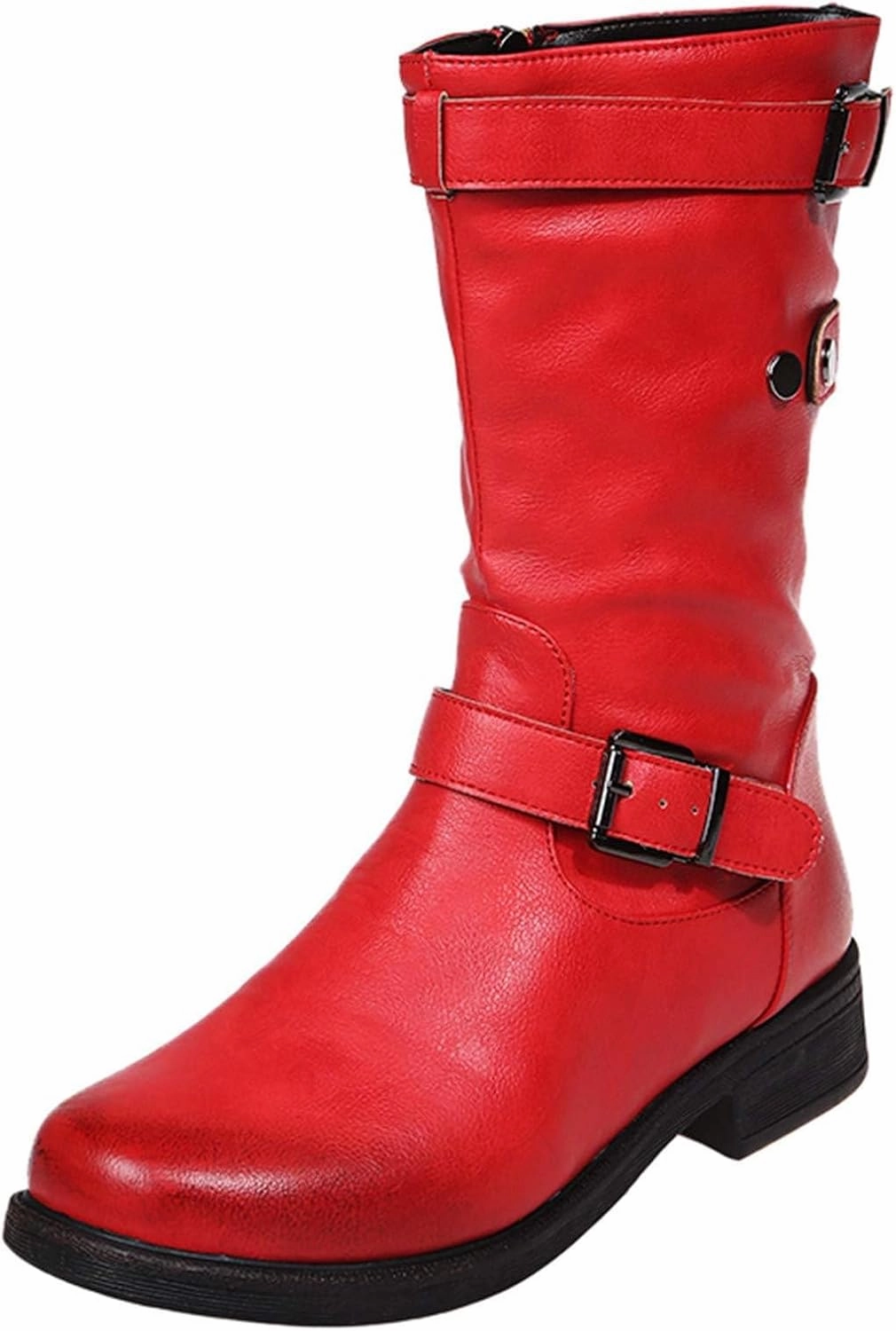 SACFOF Womens Mid Calf Boots Round Toe Low Block Heel Buckle Strap Faux Leather Zipper Riding Motorcycle Booties Nike Court Tennis Shoe