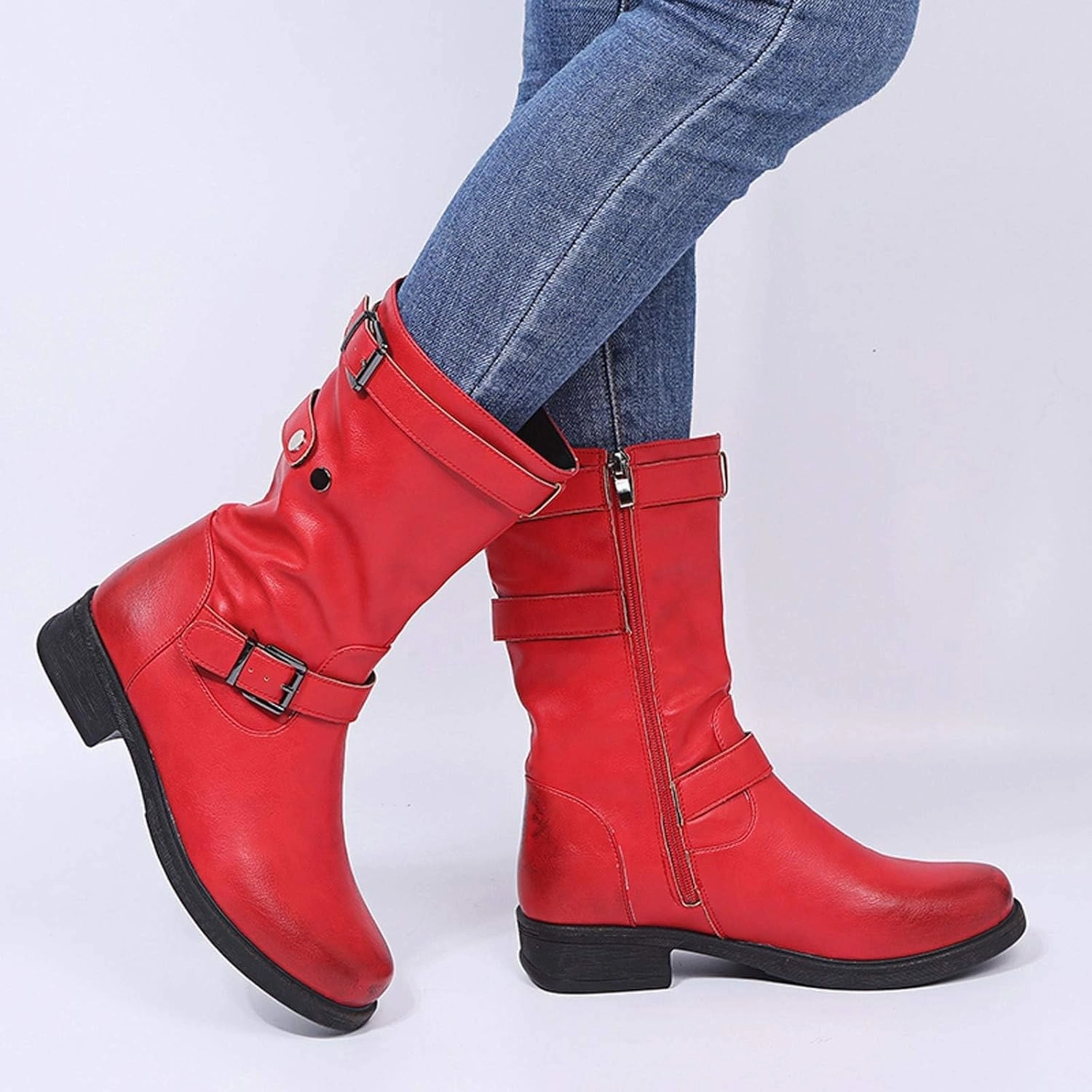 SACFOF Womens Mid Calf Boots Round Toe Low Block Heel Buckle Strap Faux Leather Zipper Riding Motorcycle Booties Expensive Tennis Shoes Brands