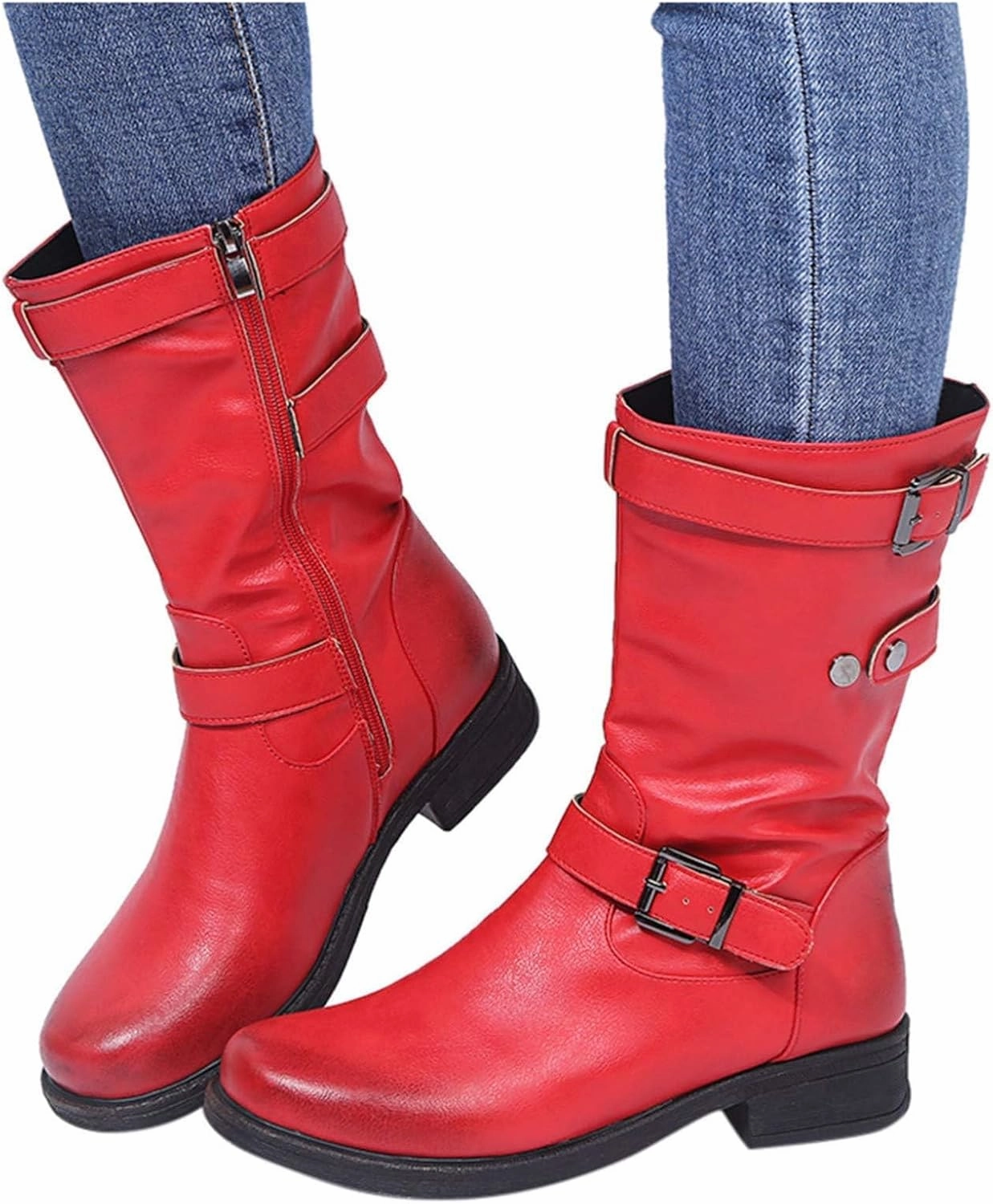 SACFOF Womens Mid Calf Boots Round Toe Low Block Heel Buckle Strap Faux Leather Zipper Riding Motorcycle Booties Best Tennis Shoes For Nurses