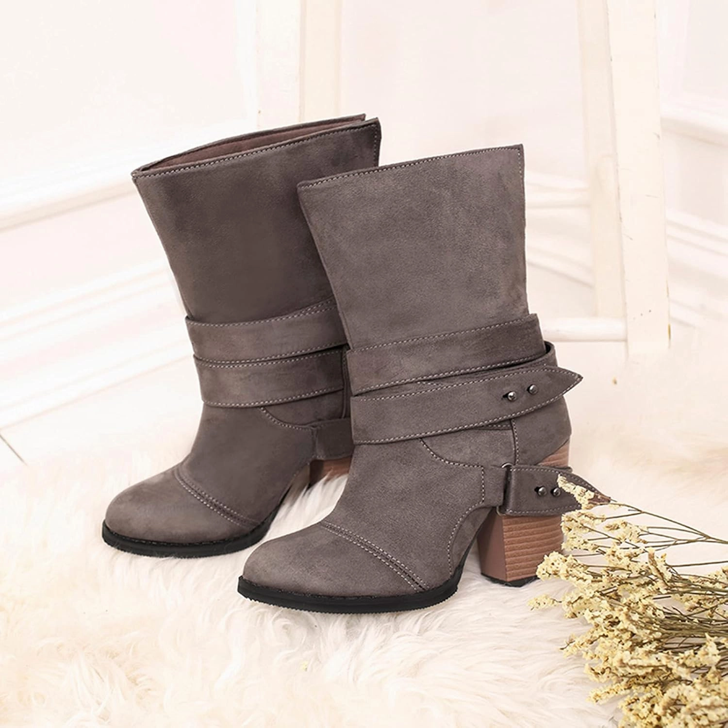 White Cowgirl Boots Retro Belt Buckle Mid-Calf Western Cowboy Boots Pull On Chunky Heel Ankle Work Boots Army Navy Combat Boots