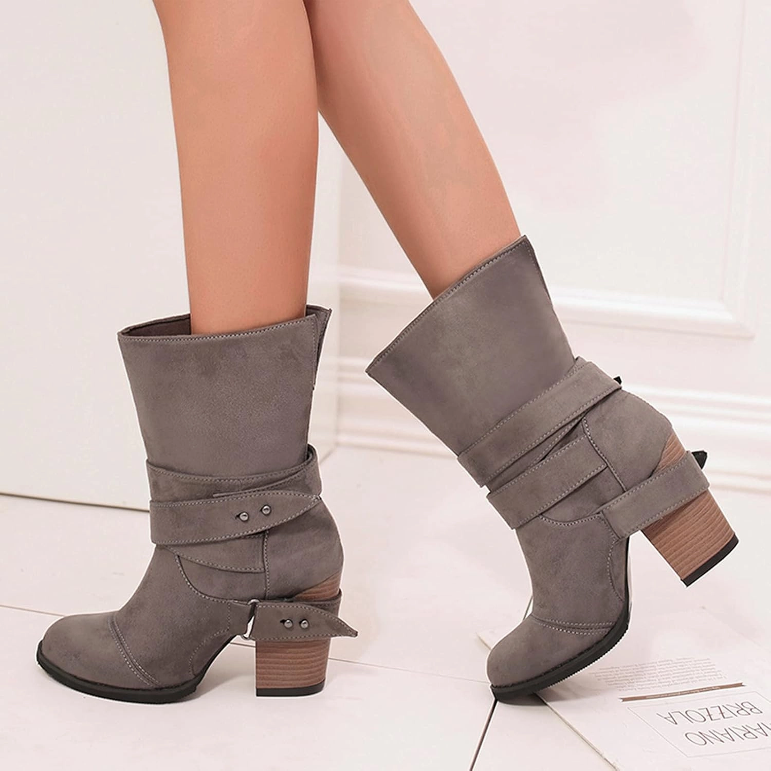 White Cowgirl Boots Retro Belt Buckle Mid-Calf Western Cowboy Boots Pull On Chunky Heel Ankle Work Boots Sparkly Combat Boots