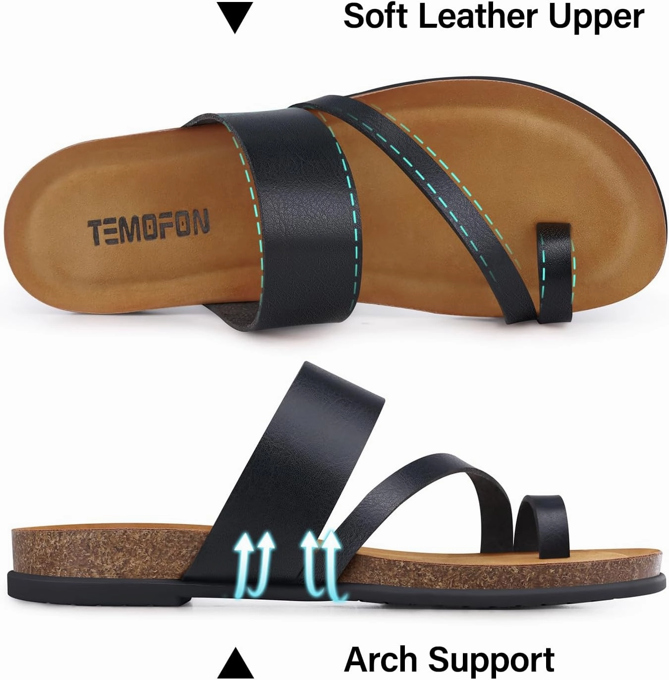 Best Price Flip Flops TEMOFON Women Summer Flip Flops: Genuine Leather Sandals, Cork Footbed, Comfortable Arch Support, Black/White/Brown/Nude Thong Sandals Size 5-11