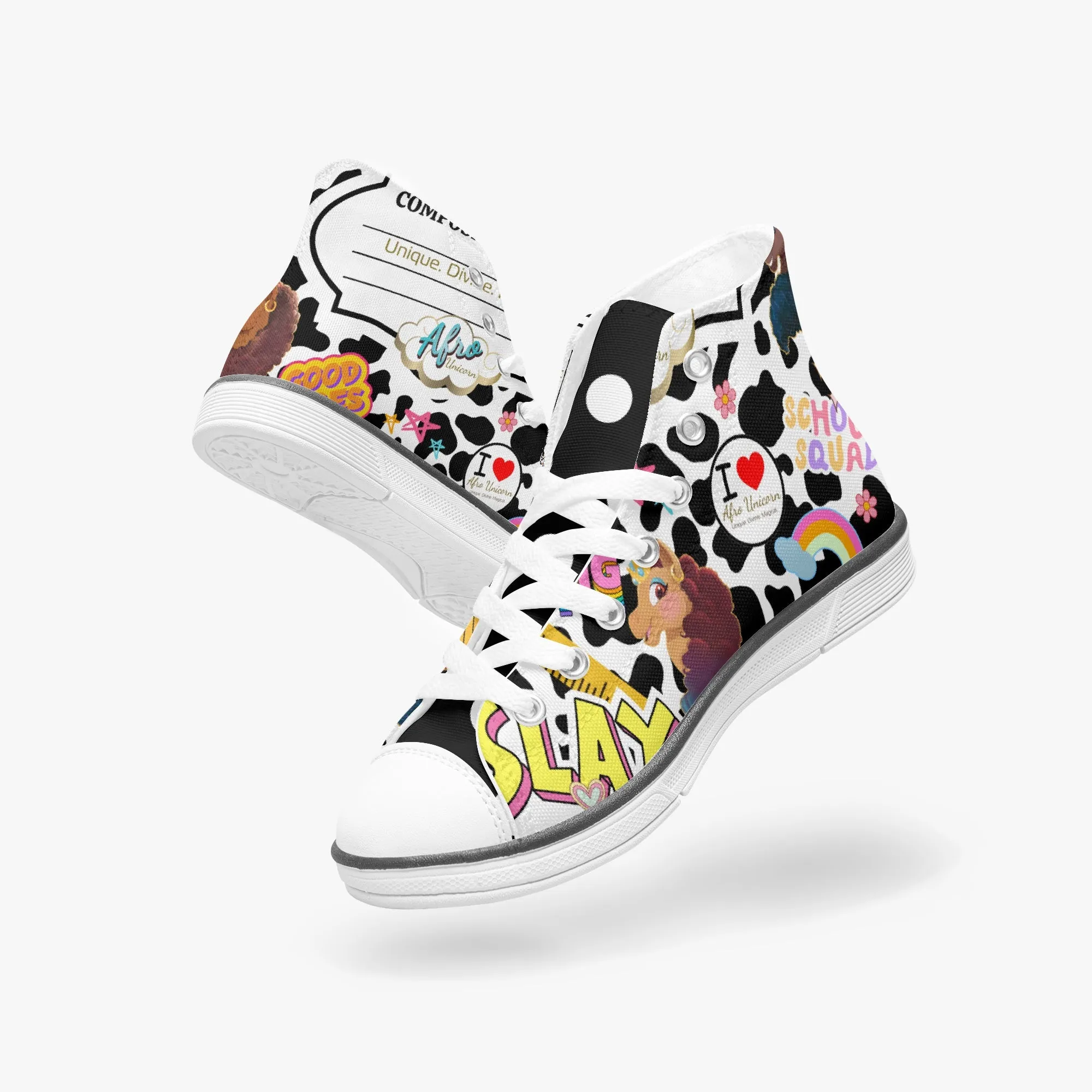 Nerd In Heels That's Write! Afro Unicorn Canvas High Top
