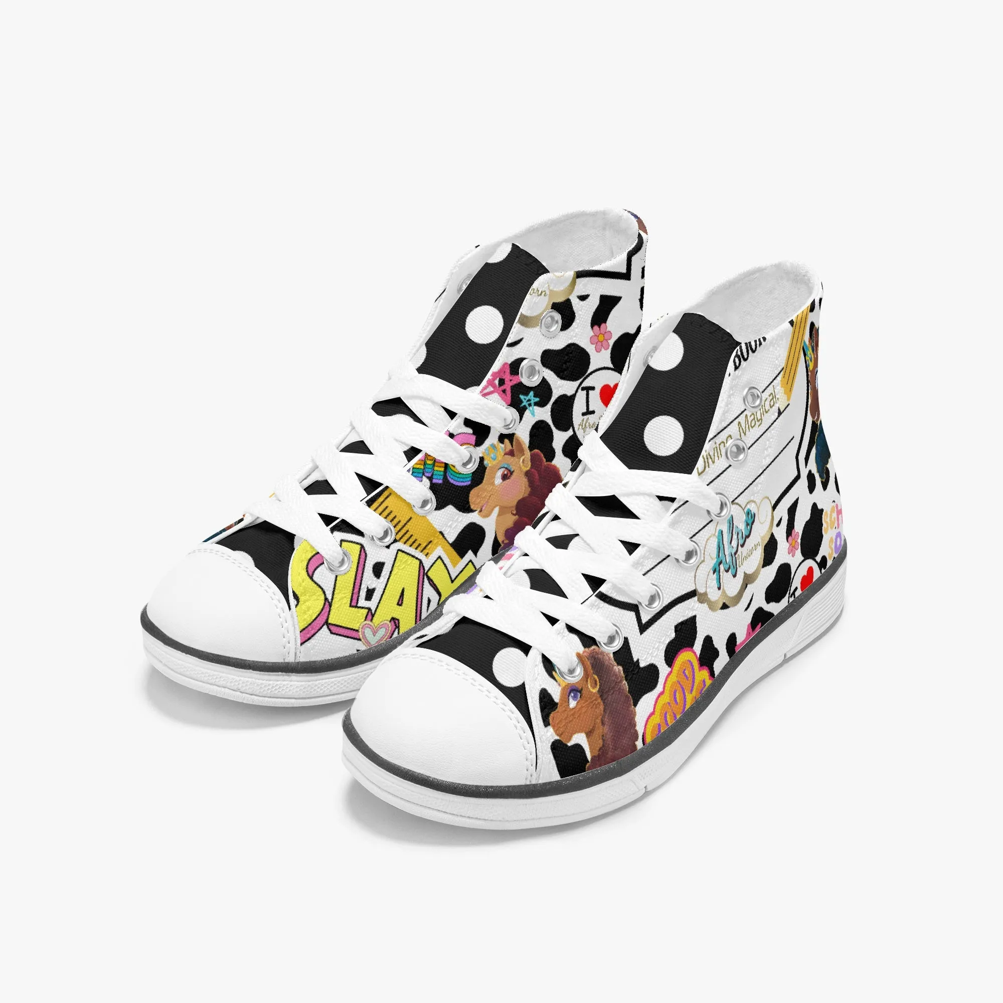 That's Write! Afro Unicorn Canvas High Top Knee High Open Toe Heels