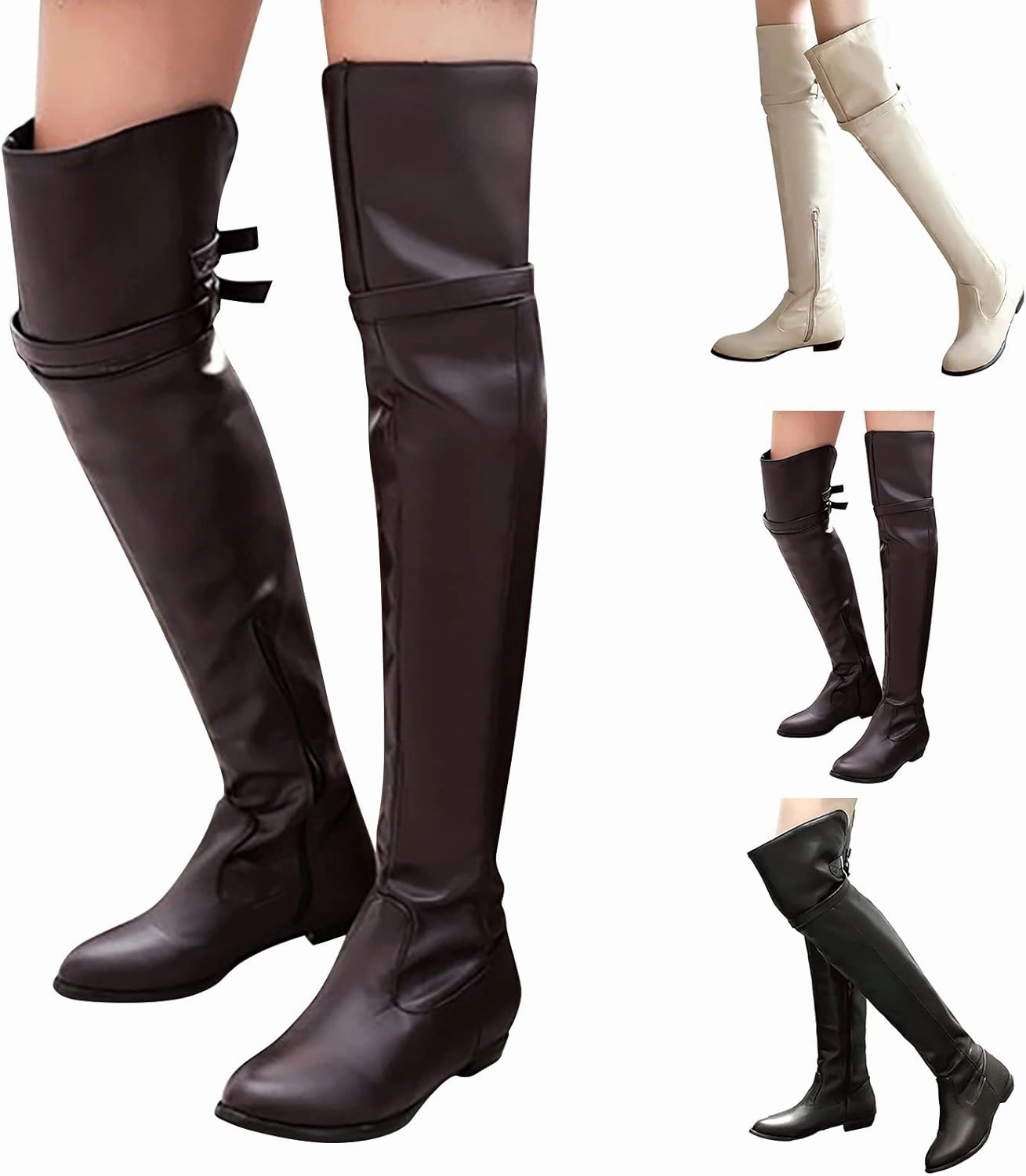 Wide Calf Knee High Flat Boots Thigh High Boots for Women Over the Knee Boots Women's Solid Color Side Zipper Knee High Boots Flat Bottom Shoes
