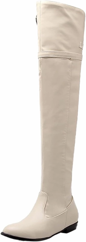 Thigh High Boots for Women Over the Knee Boots Women's Solid Color Side Zipper Knee High Boots Flat Bottom Shoes Cream Knee-high Leather Boots