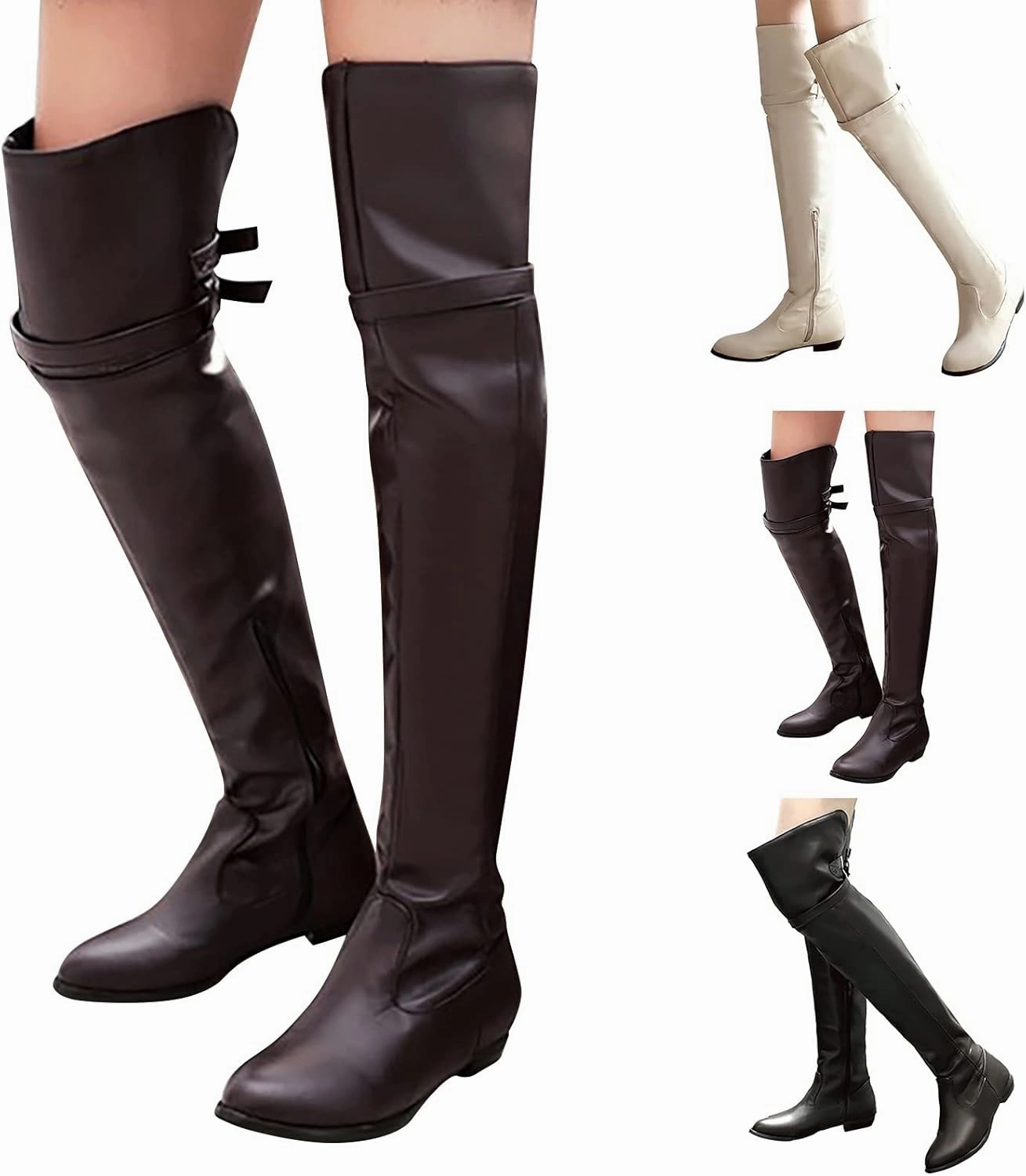 Thigh High Boots for Women Over the Knee Boots Women's Solid Color Side Zipper Knee High Boots Flat Bottom Shoes 2.5 Inch Knee High Boots