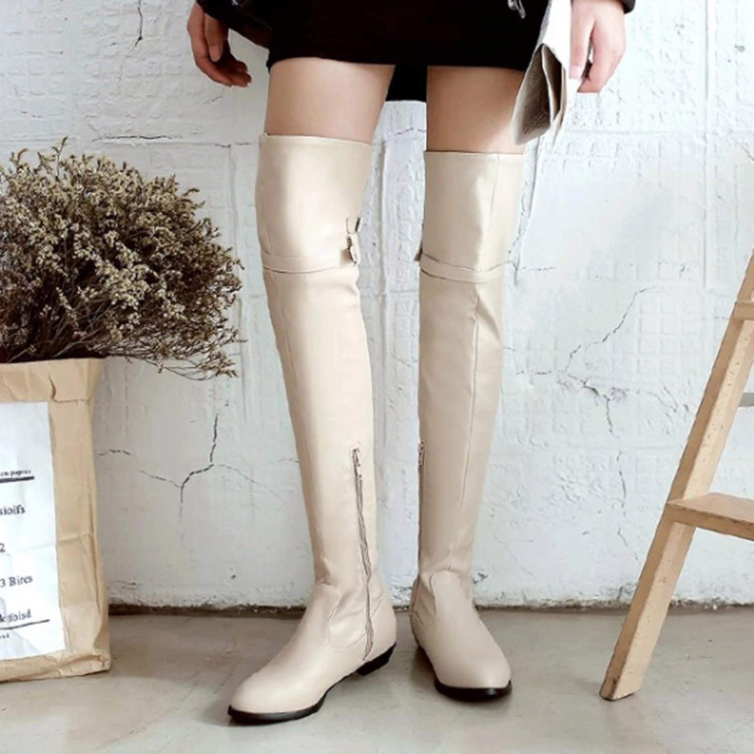 Thigh High Boots for Women Over the Knee Boots Women's Solid Color Side Zipper Knee High Boots Flat Bottom Shoes Cheap Knee High Combat Boots
