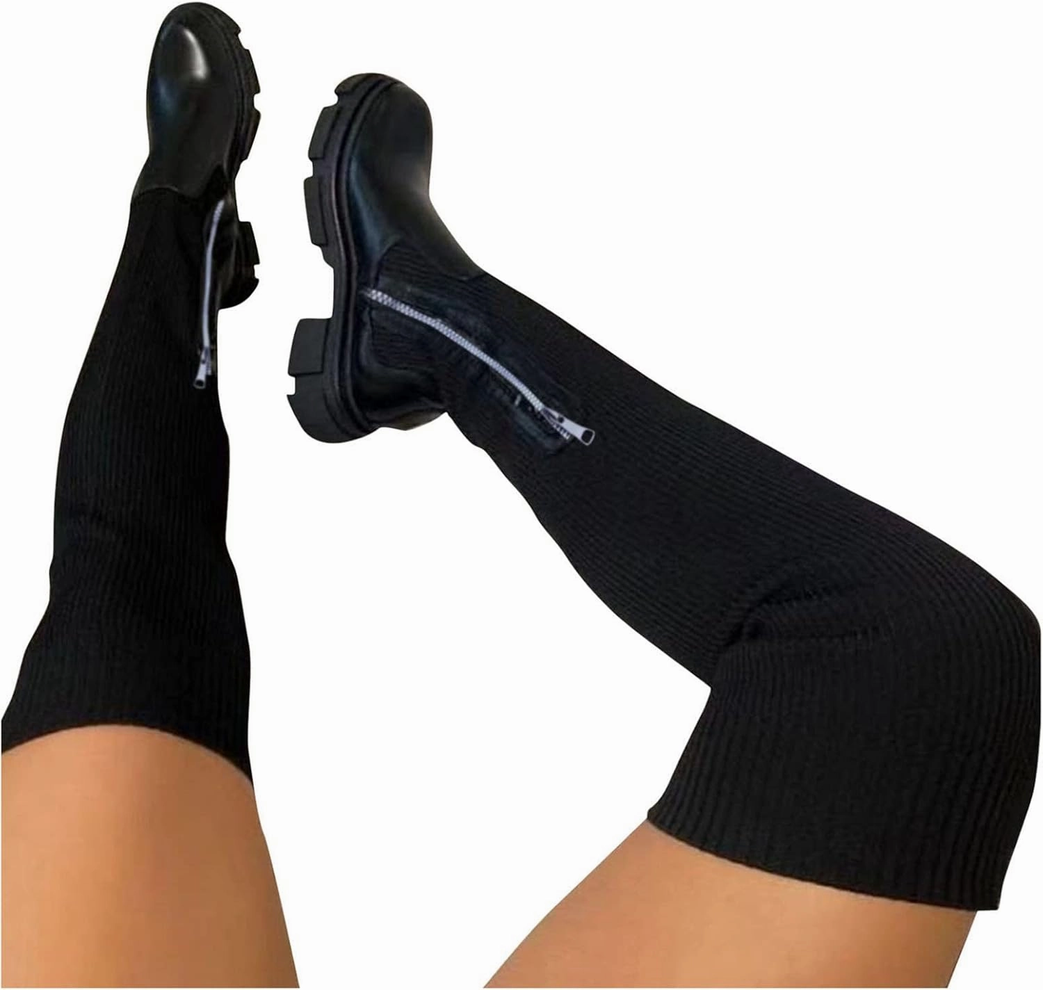 Thigh High Boots Platform Over the Knee Boots for Women Knee High Boots Fashion Round Toe Chunky Heel Stretchy Over-the-Knee Boots Comfortable Suede Stretch Boots Long Fall Boots Flat Suede Knee High Boots