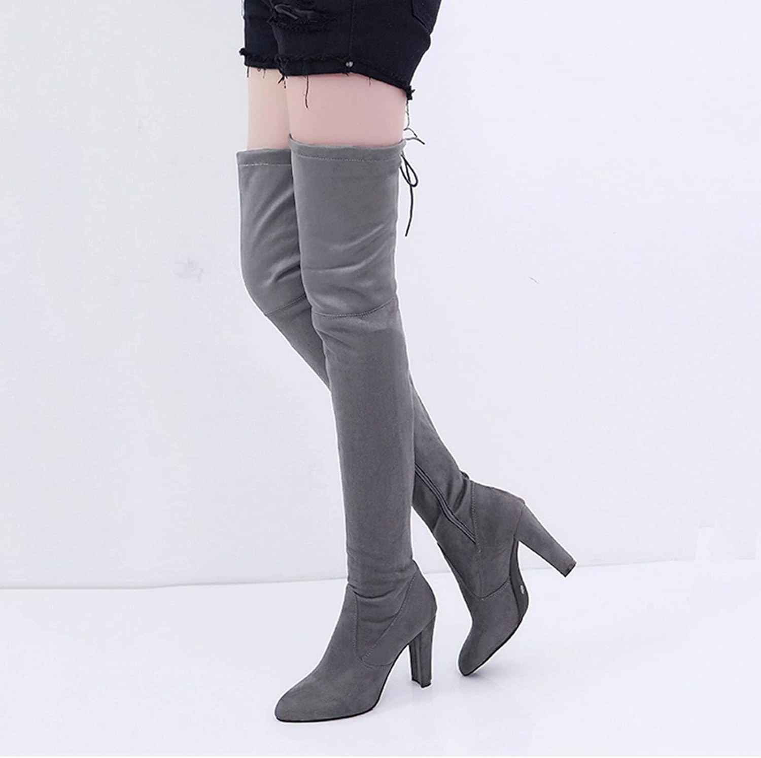 Knee High Fitted Boots Thigh High Boots Platform Over the Knee Boots for Women Knee High Boots Fashion Round Toe Chunky Heel Stretchy Over-the-Knee Boots Comfortable Suede Stretch Boots Long Fall Boots