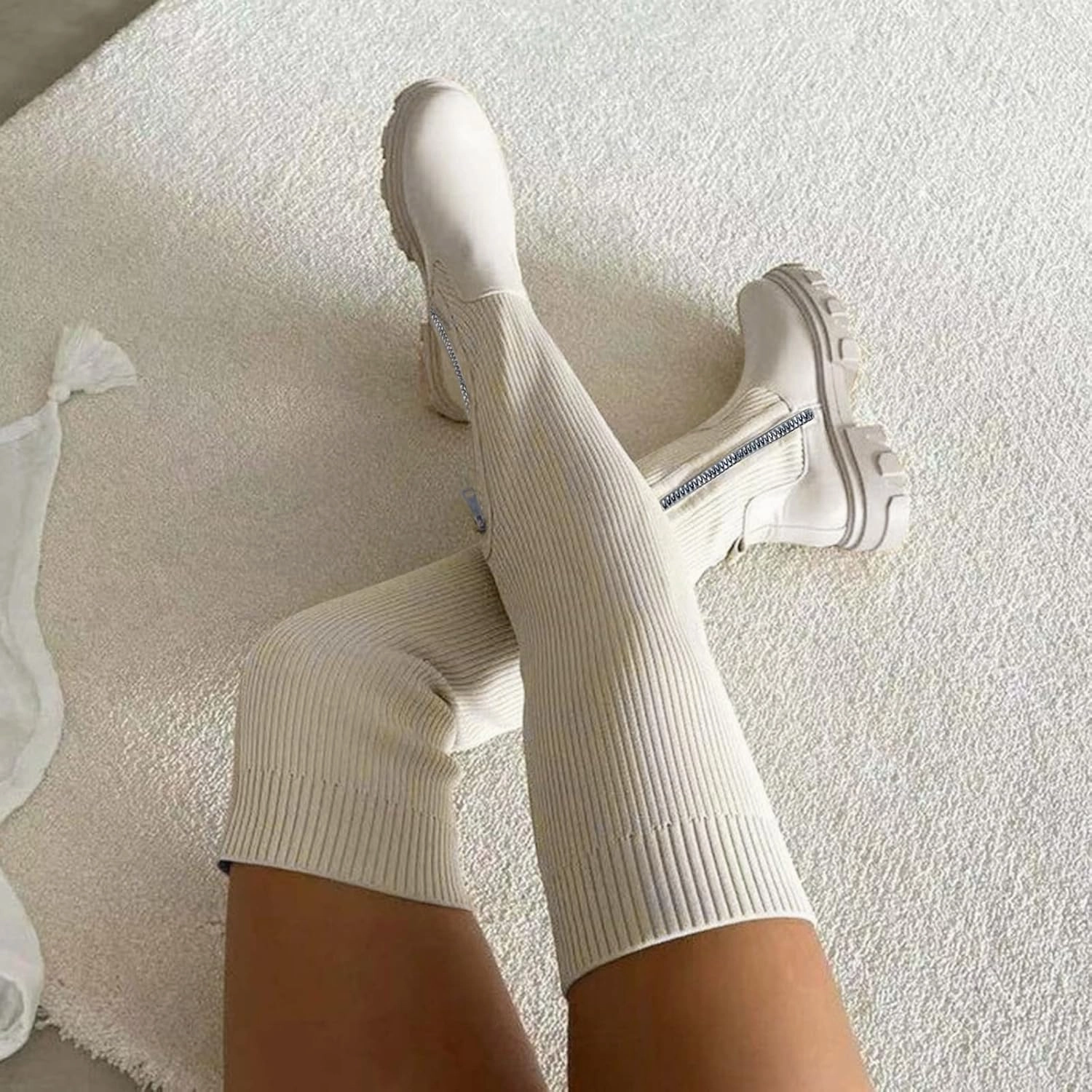 Thigh High Boots Platform Over the Knee Boots for Women Knee High Boots Fashion Round Toe Chunky Heel Stretchy Over-the-Knee Boots Comfortable Suede Stretch Boots Long Fall Boots Western Inspired Knee High Boots