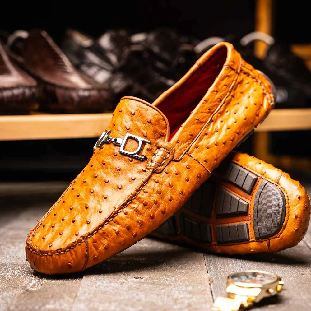 Shoes To Wear With Denim Dress Bolonia Mens Brandy Genuine Ostrich Horse-Bit Driver Loafers | Marco Di Milano
