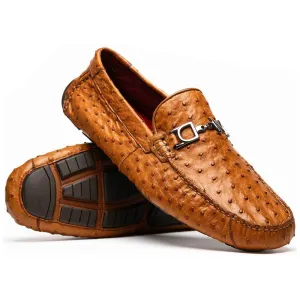 Bolonia Mens Brandy Genuine Ostrich Horse-Bit Driver Loafers | Marco Di Milano Thursday Dress Shoes