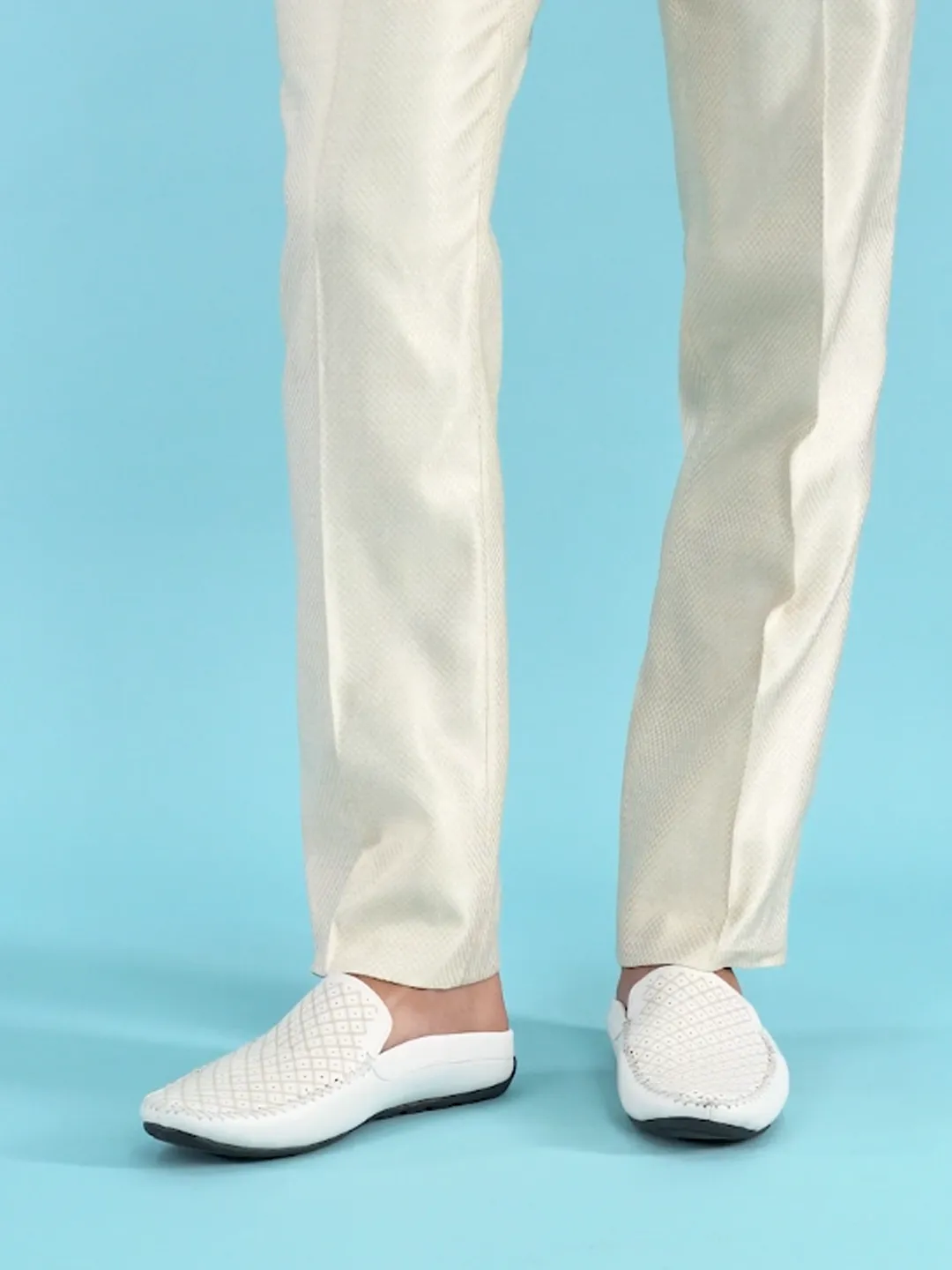 Men White Stitched Block Design Pattern Back Open Slip On Loafer Shoes Competitive Walking Shoes