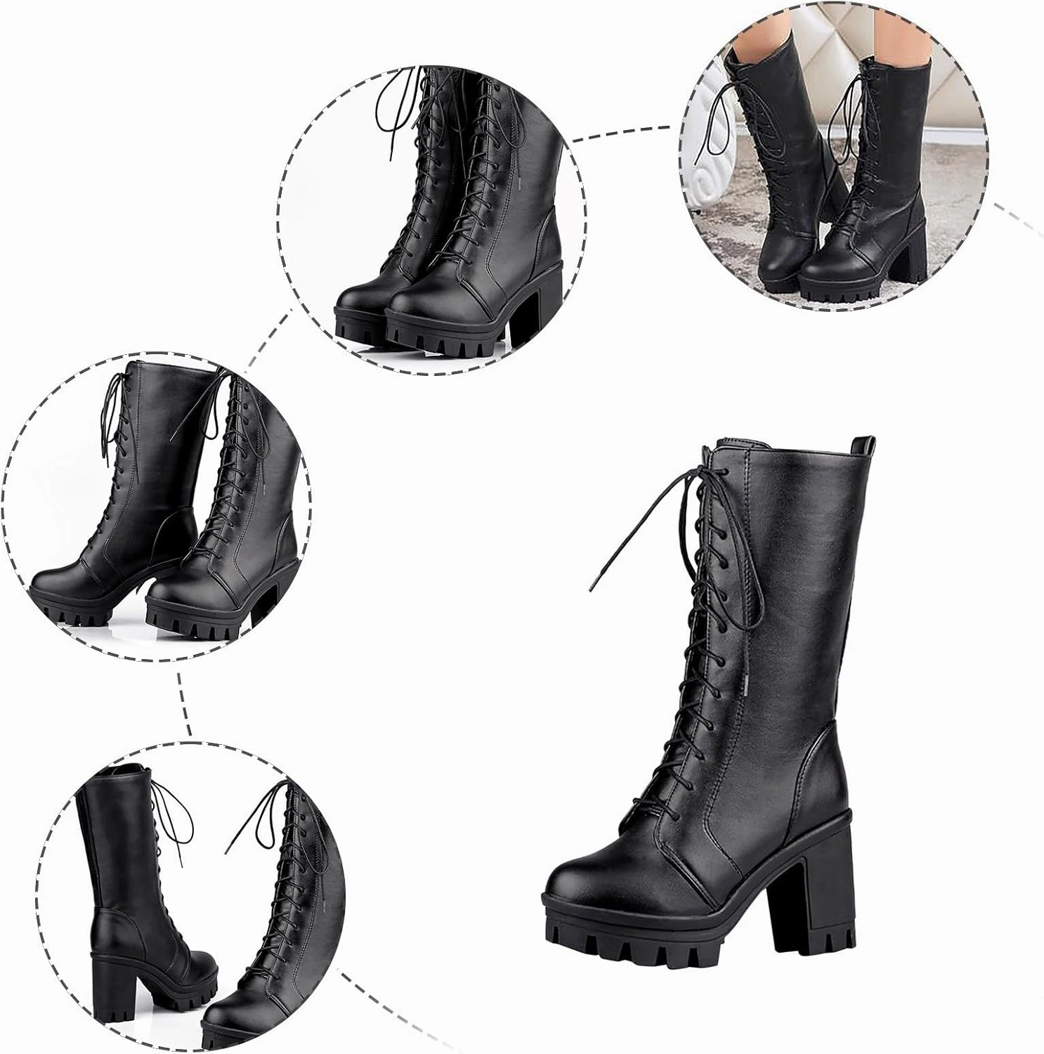 Hiking Boots Women Women's Gothic Platform Thick High Heels Boots Villi Inner Layer Mid Calf Lace Up Casual Boots Rhinestone Studded Combat Boots
