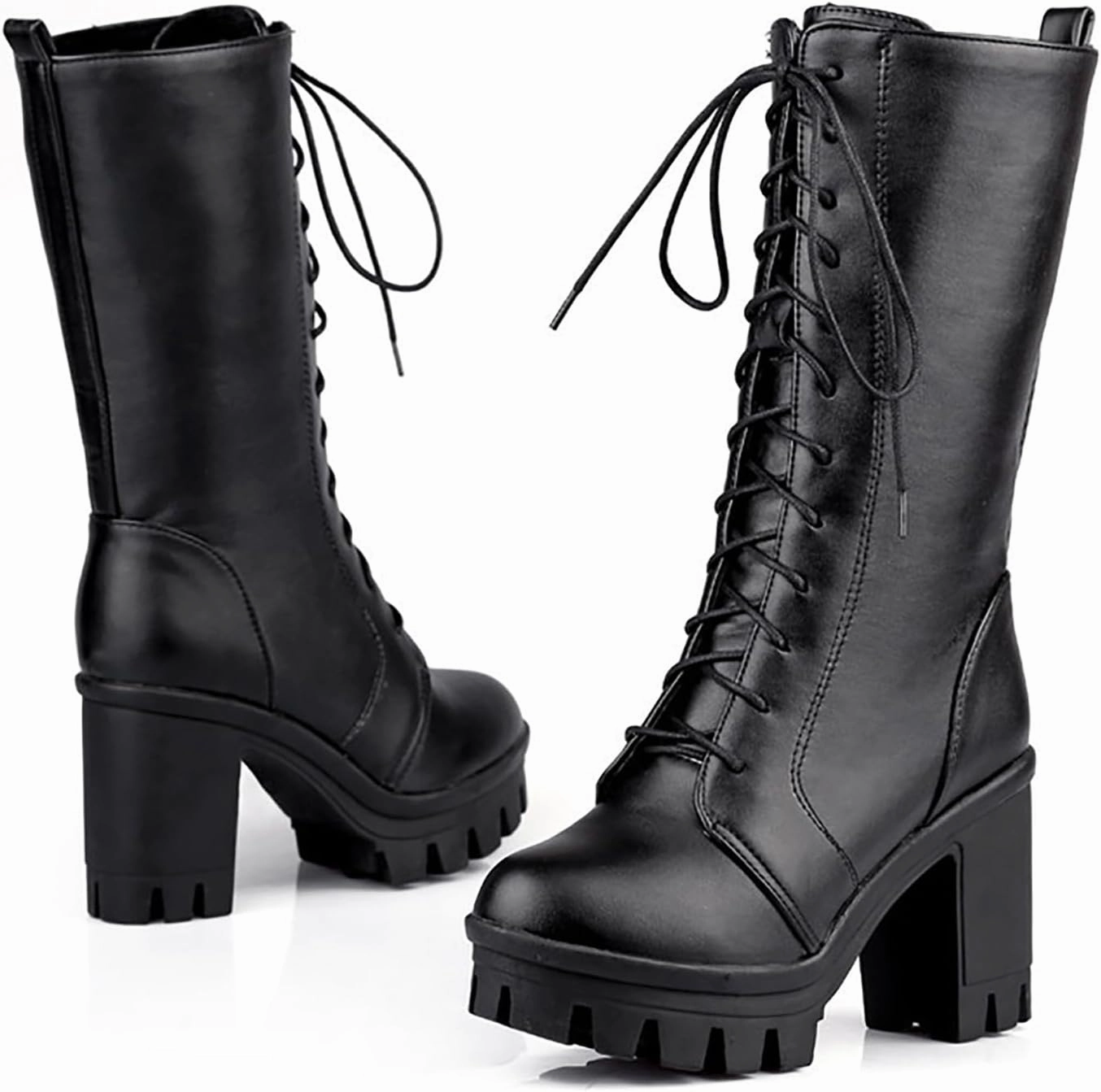 Hiking Boots Women Women's Gothic Platform Thick High Heels Boots Villi Inner Layer Mid Calf Lace Up Casual Boots Fuel Combat Boots