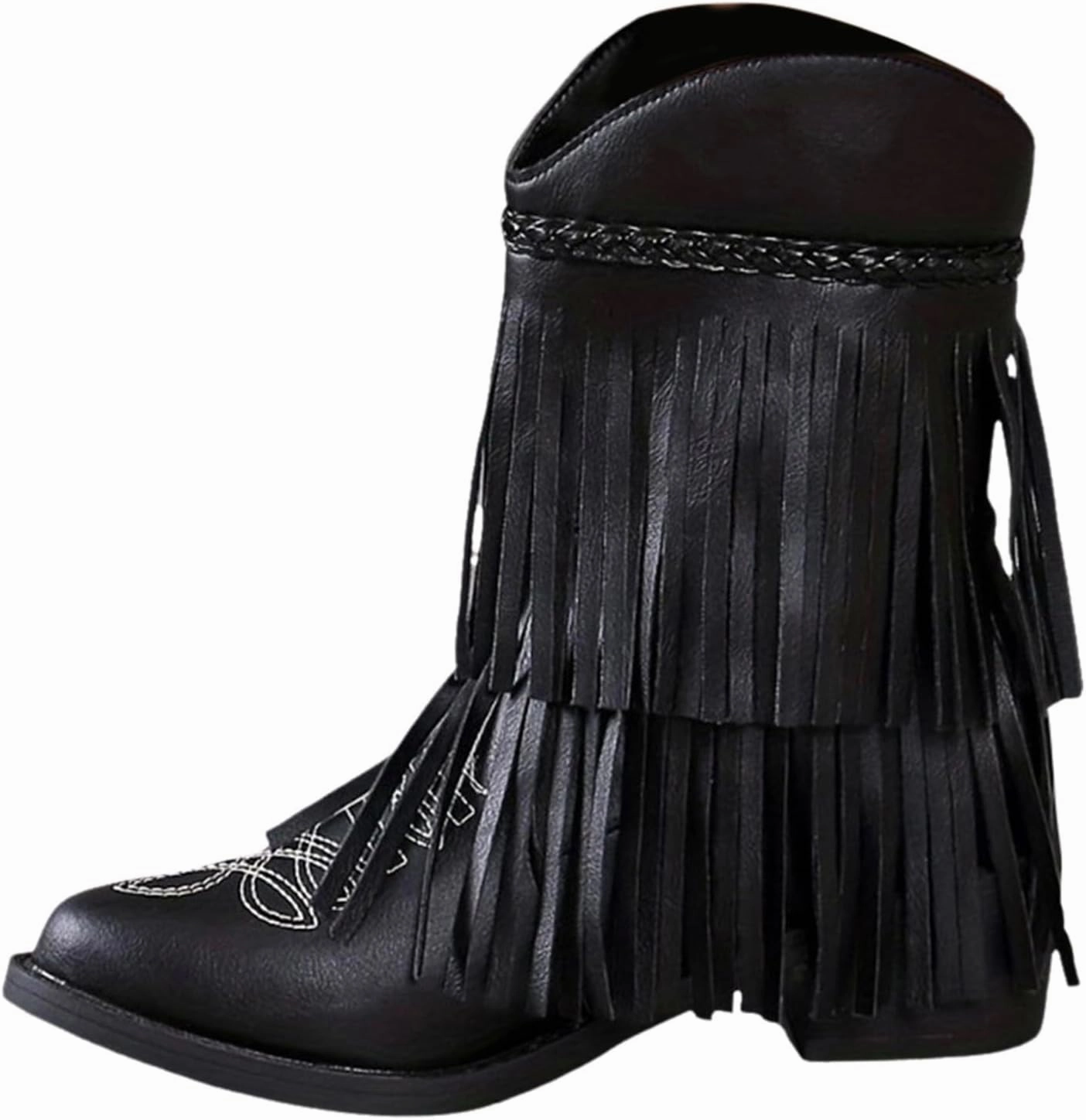 Minimal Combat Boots Women's Mid Calf Tassel Cowboy Boots Embroidery Low Heels Western Bootie For Ladies Fall Winter