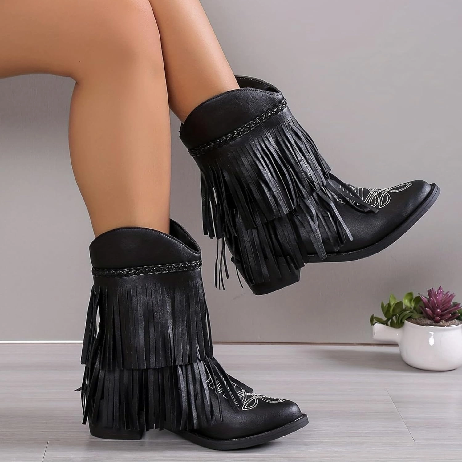 Standard Issue Combat Boots Women's Mid Calf Tassel Cowboy Boots Embroidery Low Heels Western Bootie For Ladies Fall Winter
