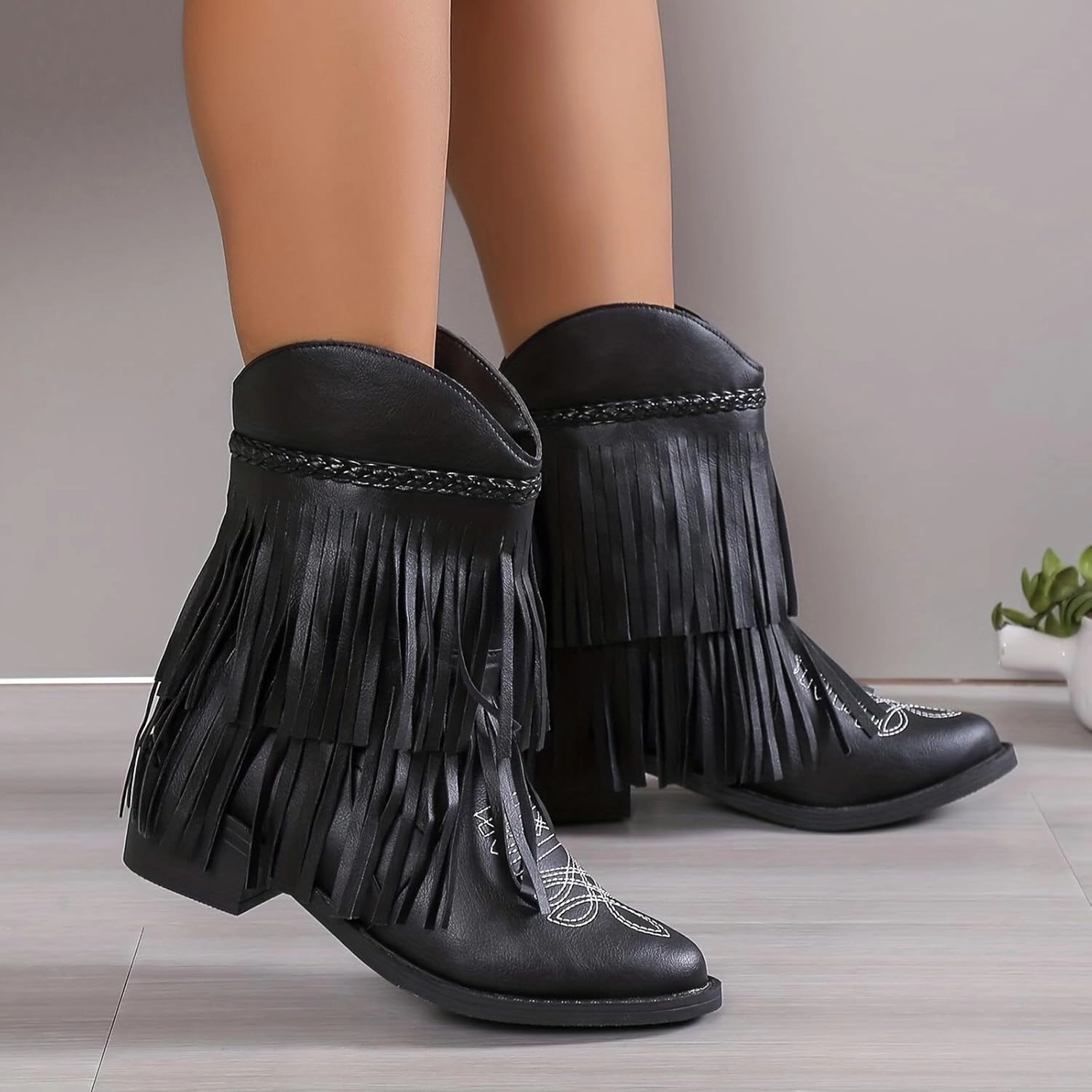 Women's Mid Calf Tassel Cowboy Boots Embroidery Low Heels Western Bootie For Ladies Fall Winter T8 Bifida Combat Boots