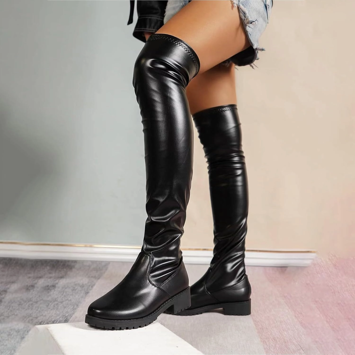Over The Knee Noots for Women Knee High Boots for Women Women's Fashion Hundred Solid Color High Heel Knee Boots Harrington Knee High Riding Boot