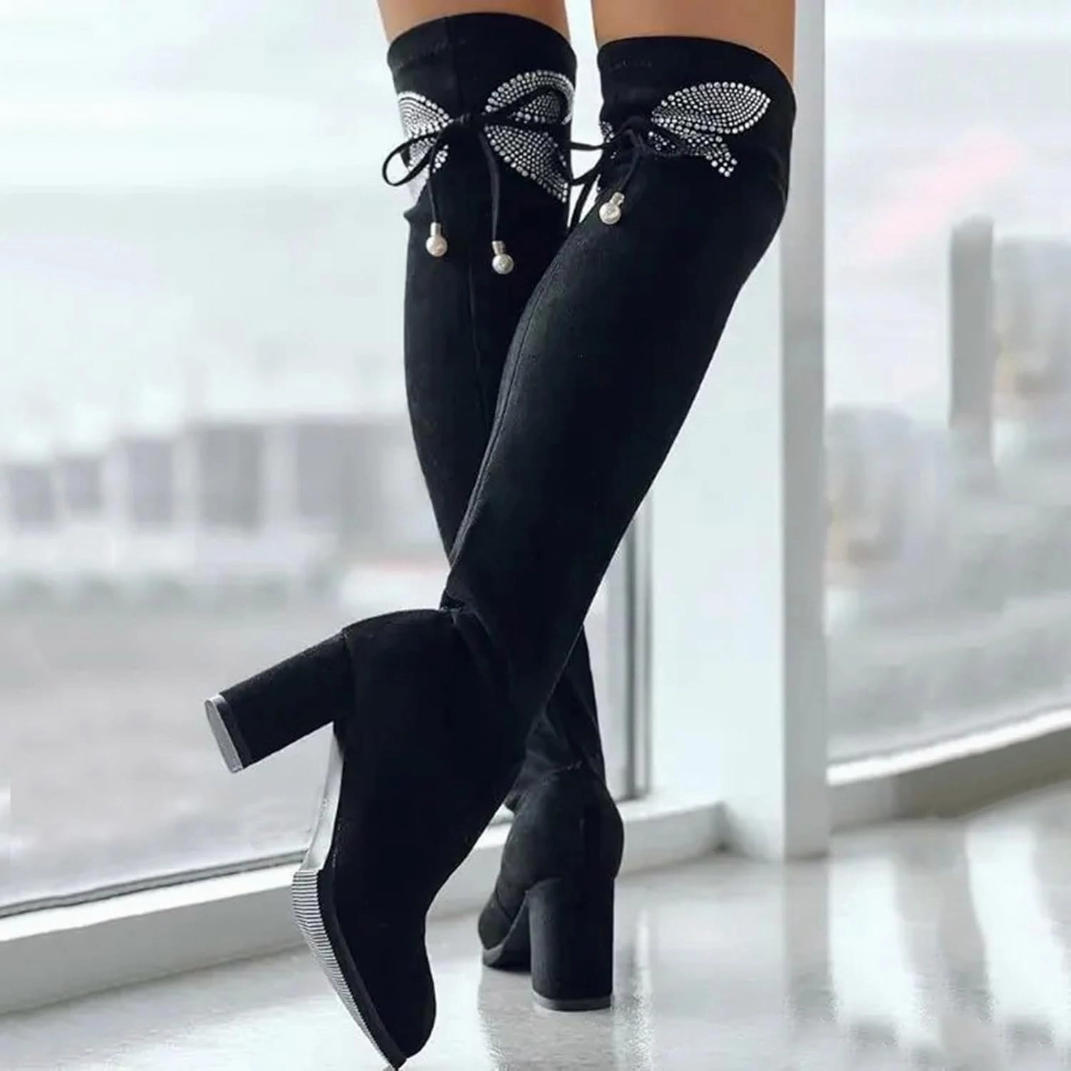 Over The Knee Boots for Women Knee High Boots Chunky Heel Rhinestone Bow Long Boots High Heel Slim Stretchy Boots Caged Knee High Boots