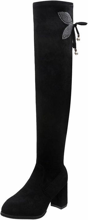 Kate Moss Knee High Boots Over The Knee Boots for Women Knee High Boots Chunky Heel Rhinestone Bow Long Boots High Heel Slim Stretchy Boots