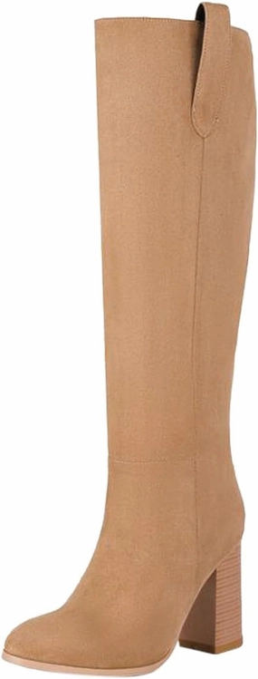 Knee High Boots Biker Knee High Boots Women Thigh High Boots for Women Fashion Round Head Flock Non Slip High Heel Suede Boot Slip On Boots