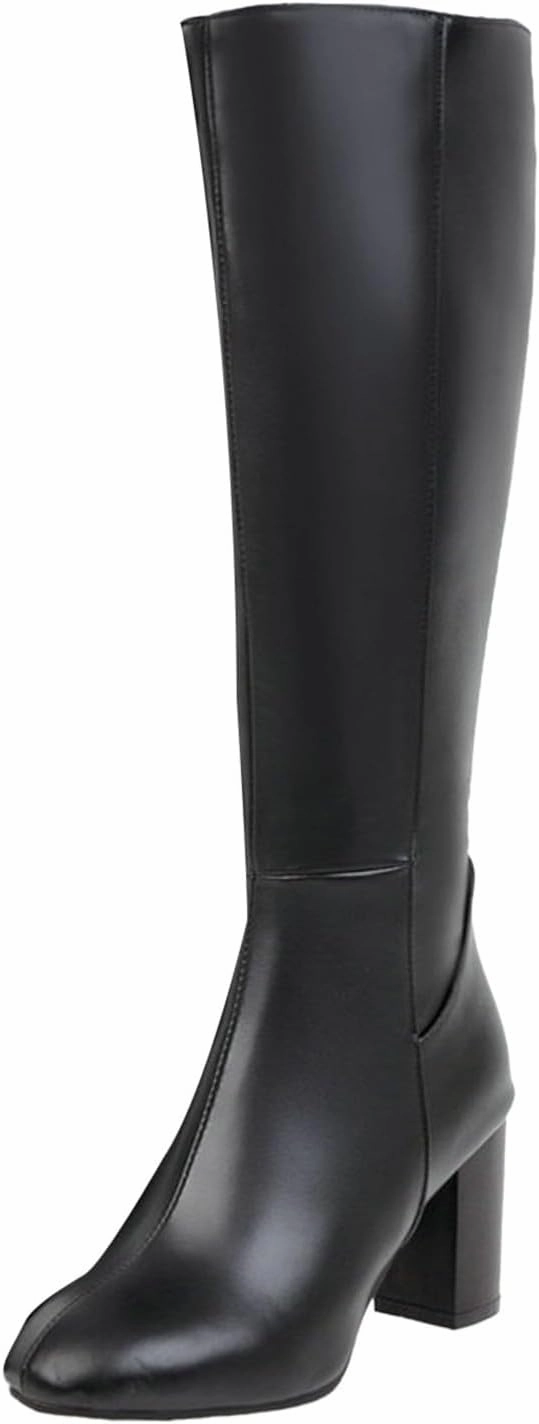 White Knee High Boots Women's Knee High Boots - Chunky Heel, Pointed Toe, Leather, Side Zipper - Winter Boots for Women High Heels Booties