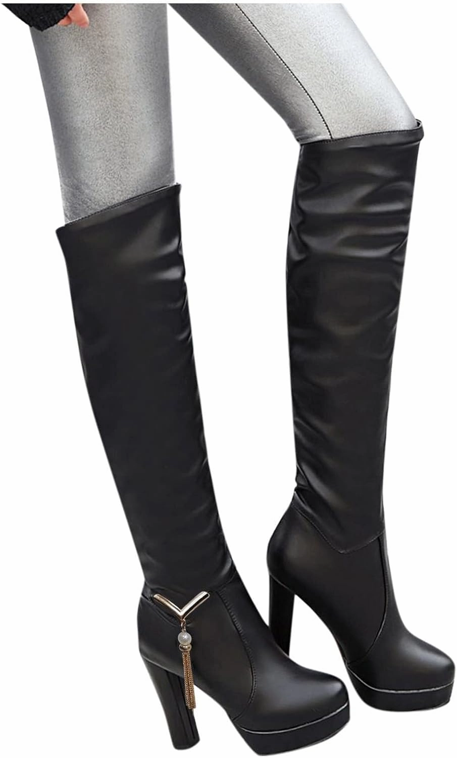 ZDLJYL Women's Thigh High Over The Knee Fashion Boots Block Mid Heel Long Sexy Faux Fur Boots Platform Knee High Boots Asher Knee High Boots