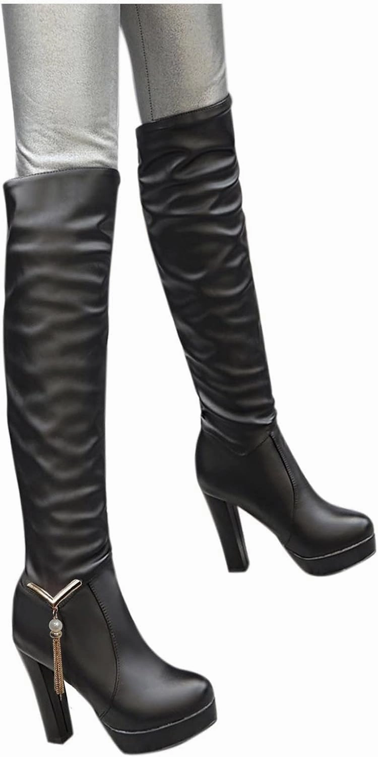 Foldover Knee High Boot ZDLJYL Women's Thigh High Over The Knee Fashion Boots Block Mid Heel Long Sexy Faux Fur Boots Platform Knee High Boots