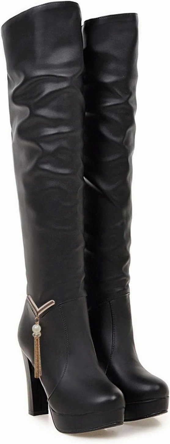 ZDLJYL Women's Thigh High Over The Knee Fashion Boots Block Mid Heel Long Sexy Faux Fur Boots Platform Knee High Boots Knee High Outdoor Boots