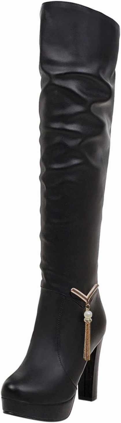 ZDLJYL Women's Thigh High Over The Knee Fashion Boots Block Mid Heel Long Sexy Faux Fur Boots Platform Knee High Boots Over The Knee Thigh High Boots Suede