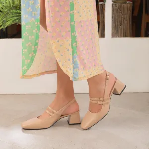 Tresmode Glampart Beige Women's Dress Block Heel Slingback Pumps Best Work Boots